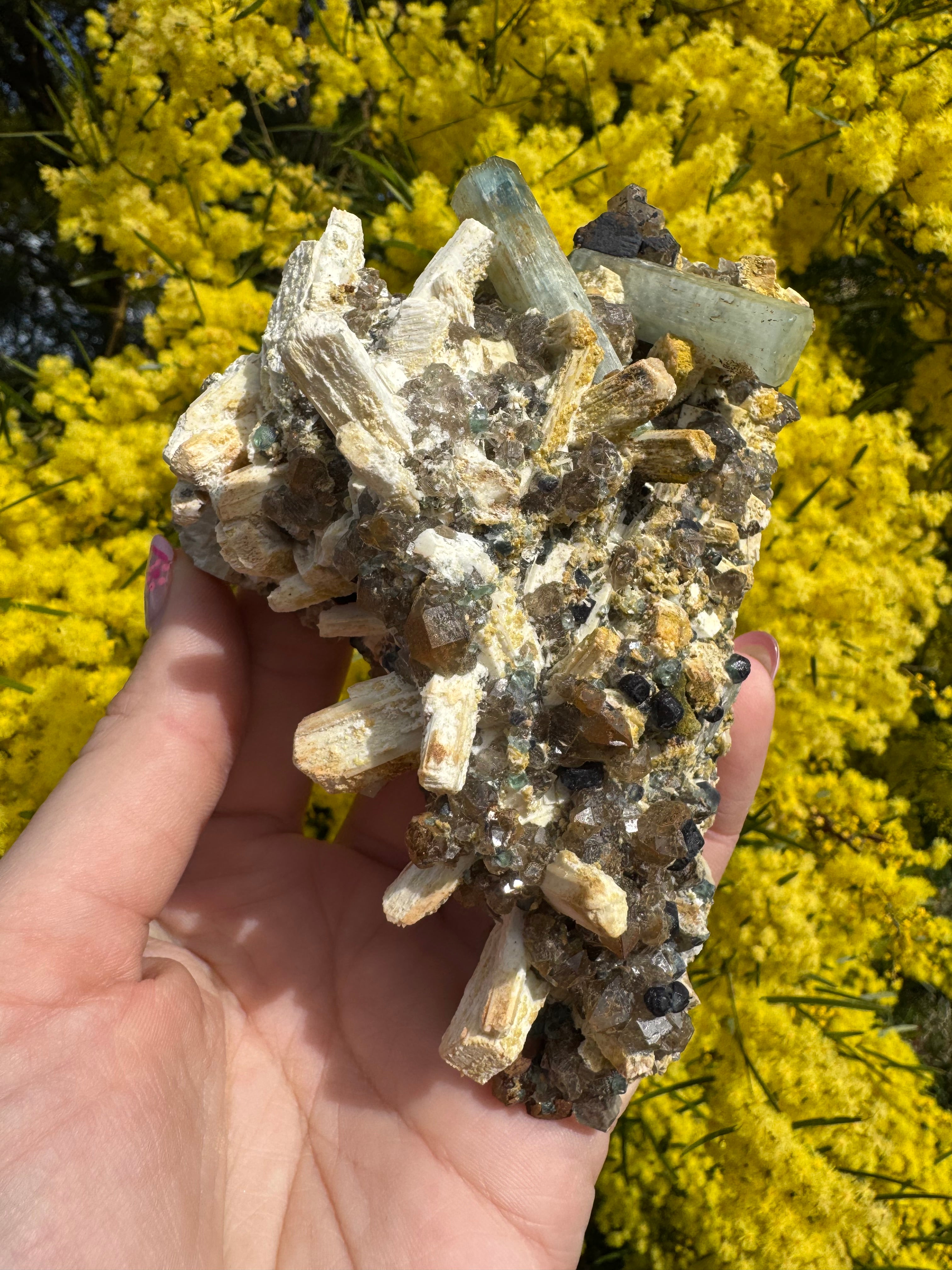 Aquamarine with Feldspar, Fluorite and Quartz on Matrix