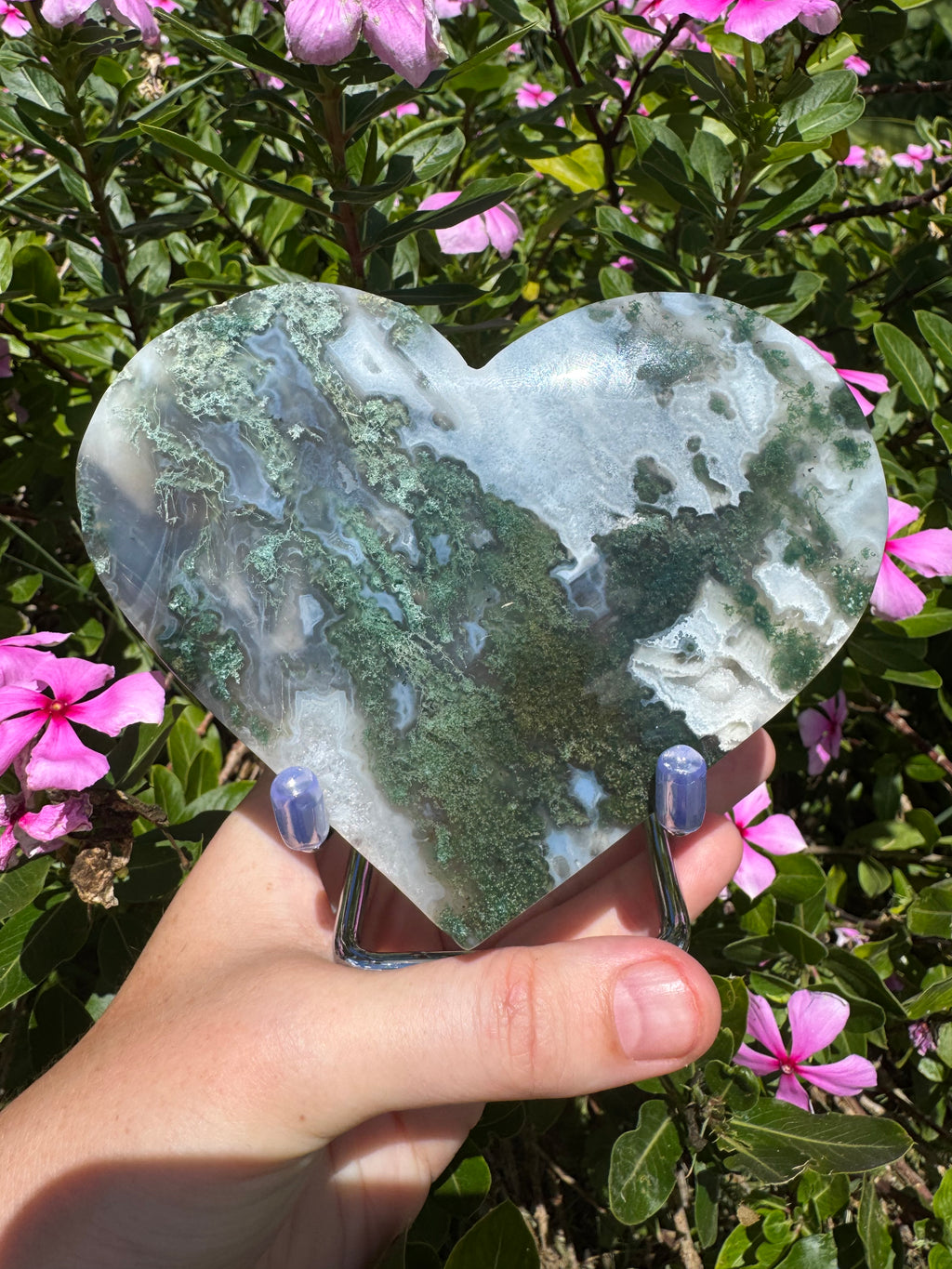 Moss Agate Heart on Stand - High Quality