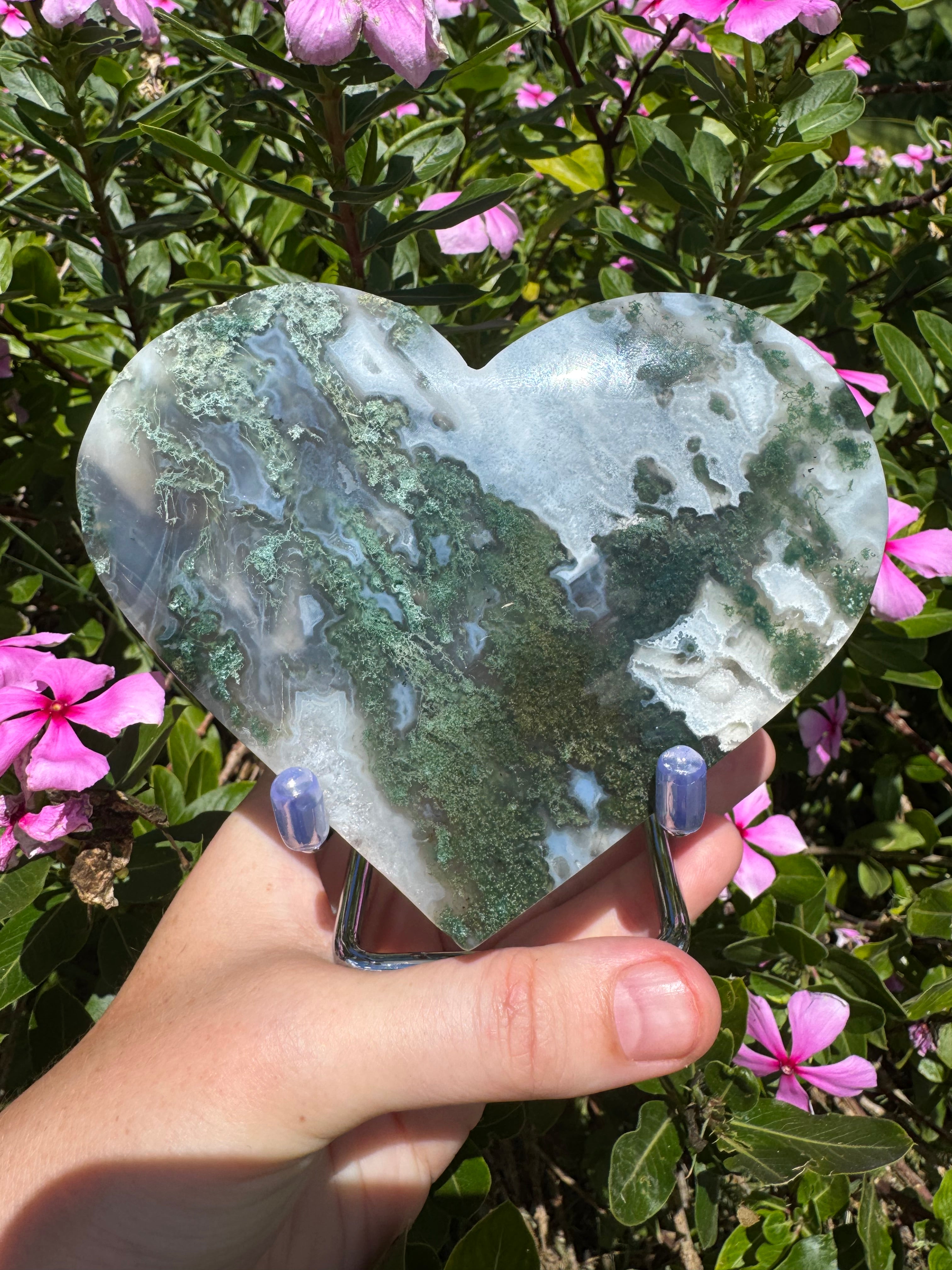 Moss Agate Heart on Stand - High Quality