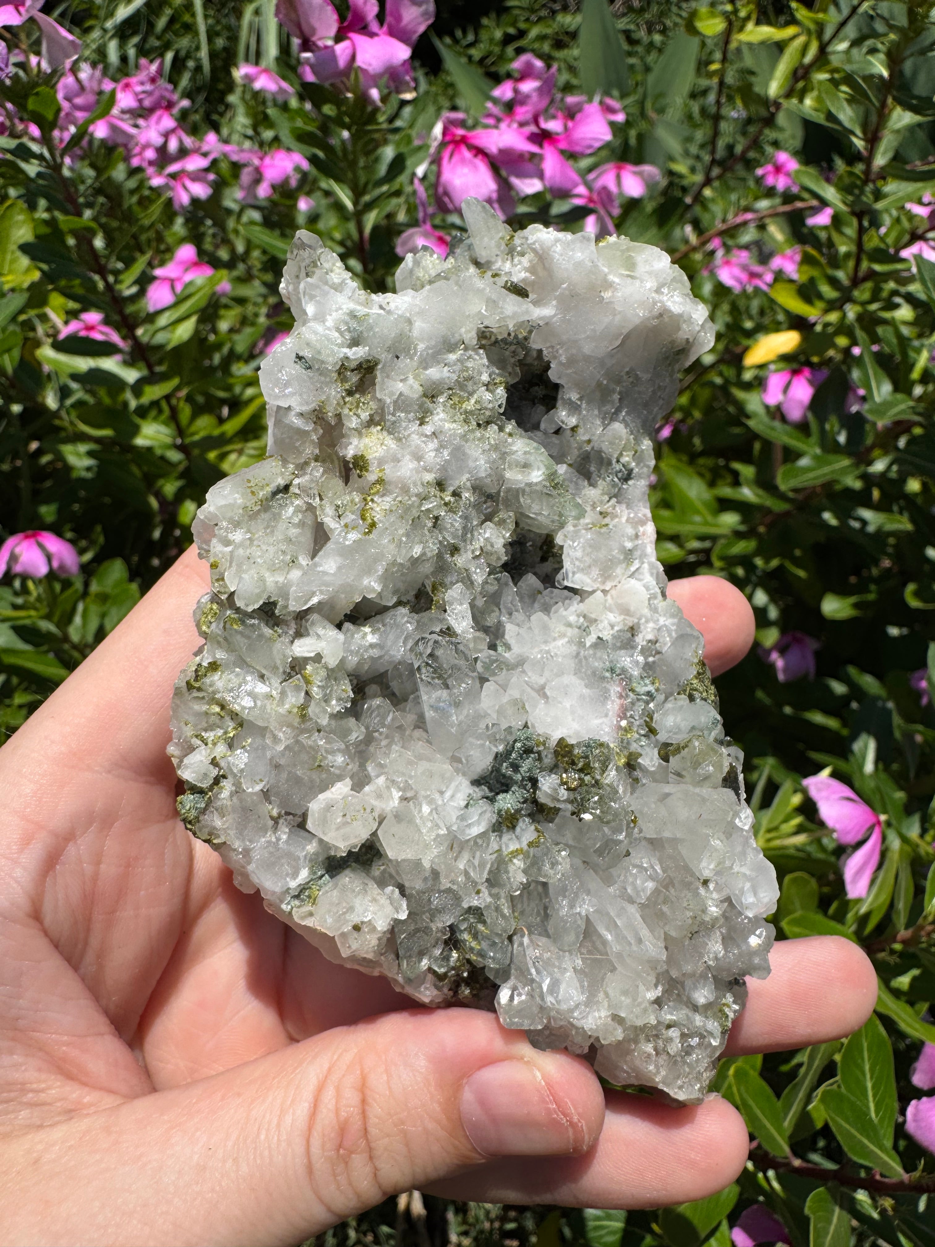 Epidote and Prehnite on Garden Quartz Cluster