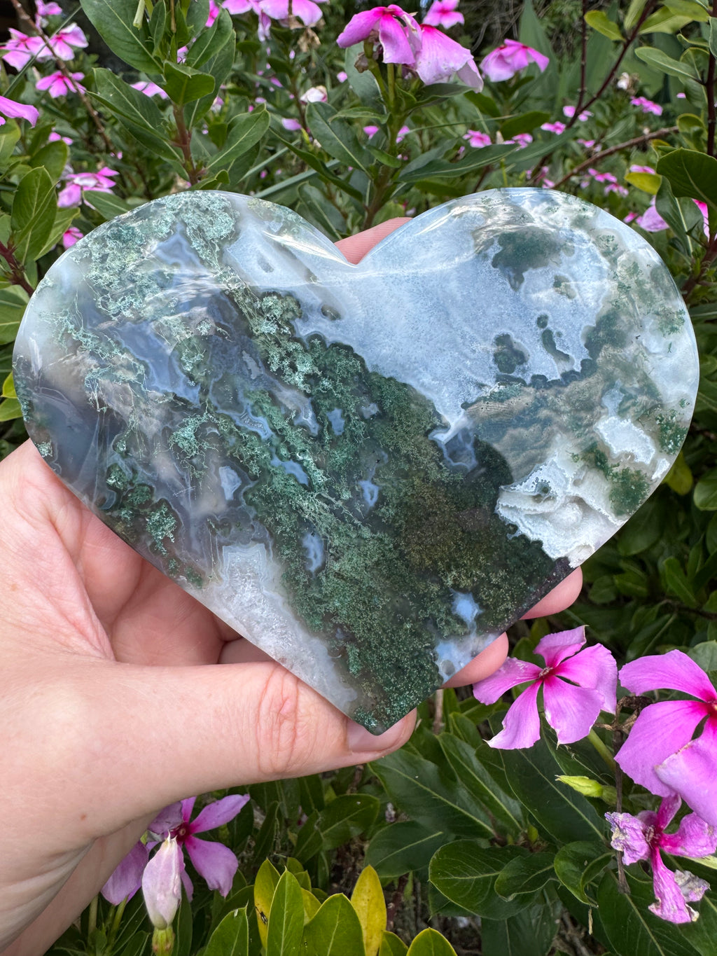Moss Agate Heart on Stand - High Quality