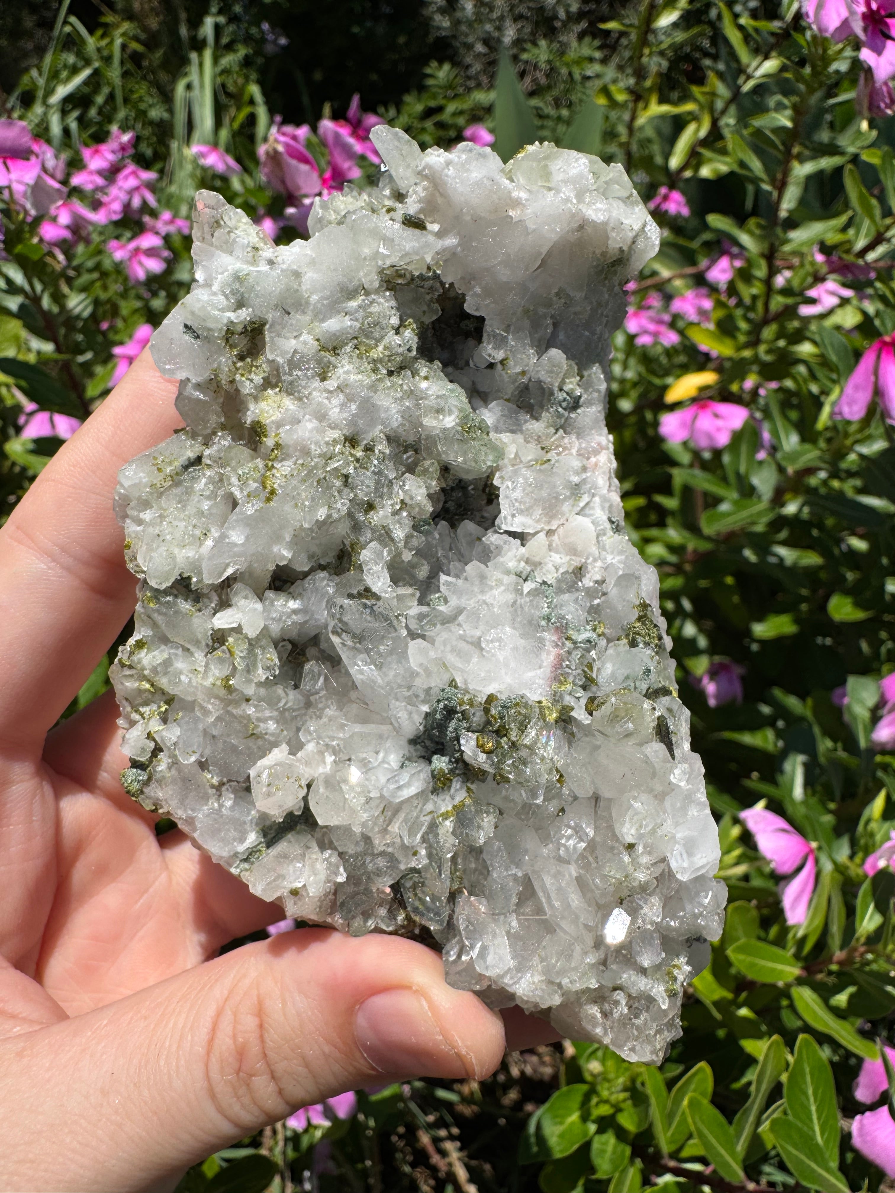 Epidote and Prehnite on Garden Quartz Cluster