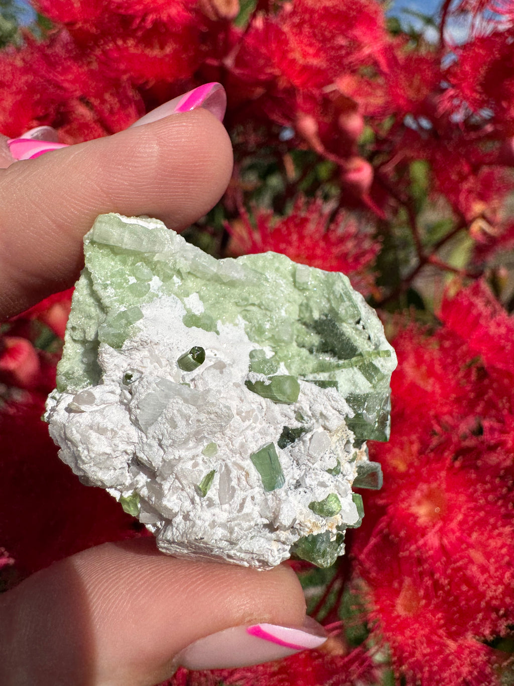 Green Tourmaline and Kunzite with Mica on Albite Matrix Specimen