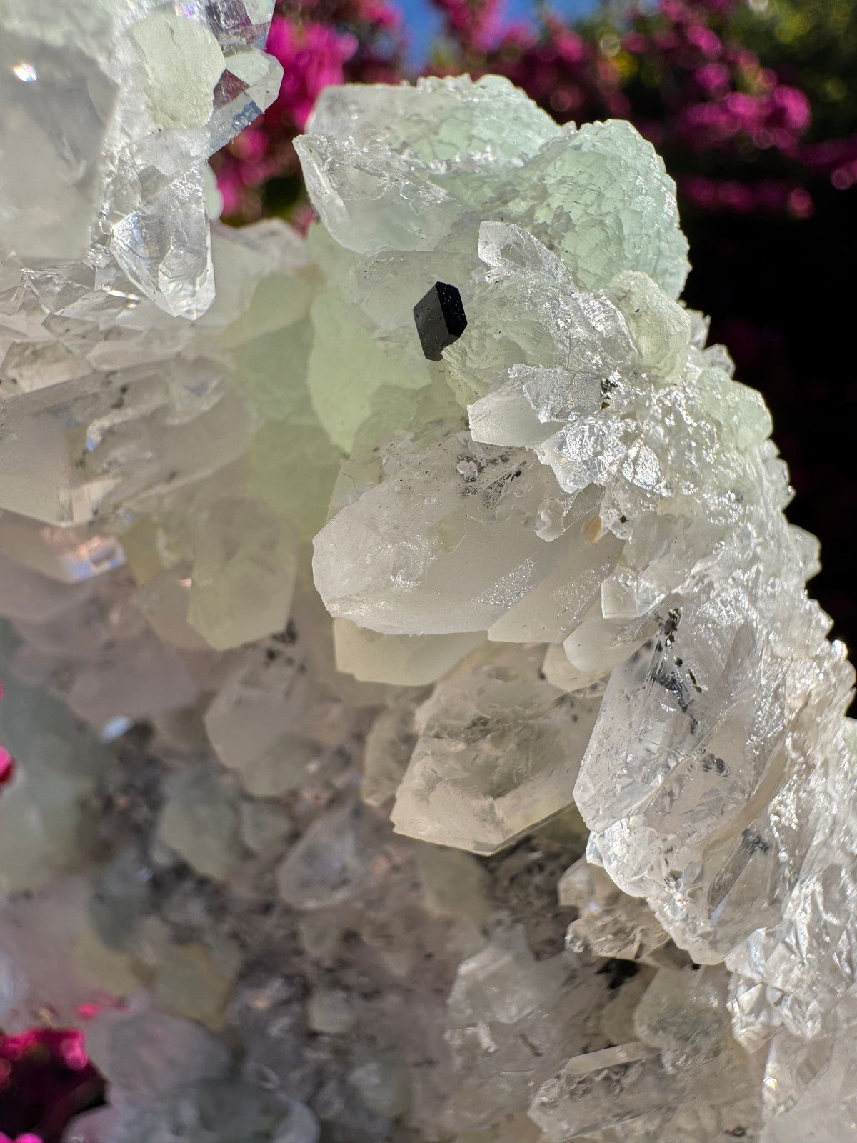 Préhnite botryoïdale avec quartz, épidote et tourmaline noire | Socle personnalisé