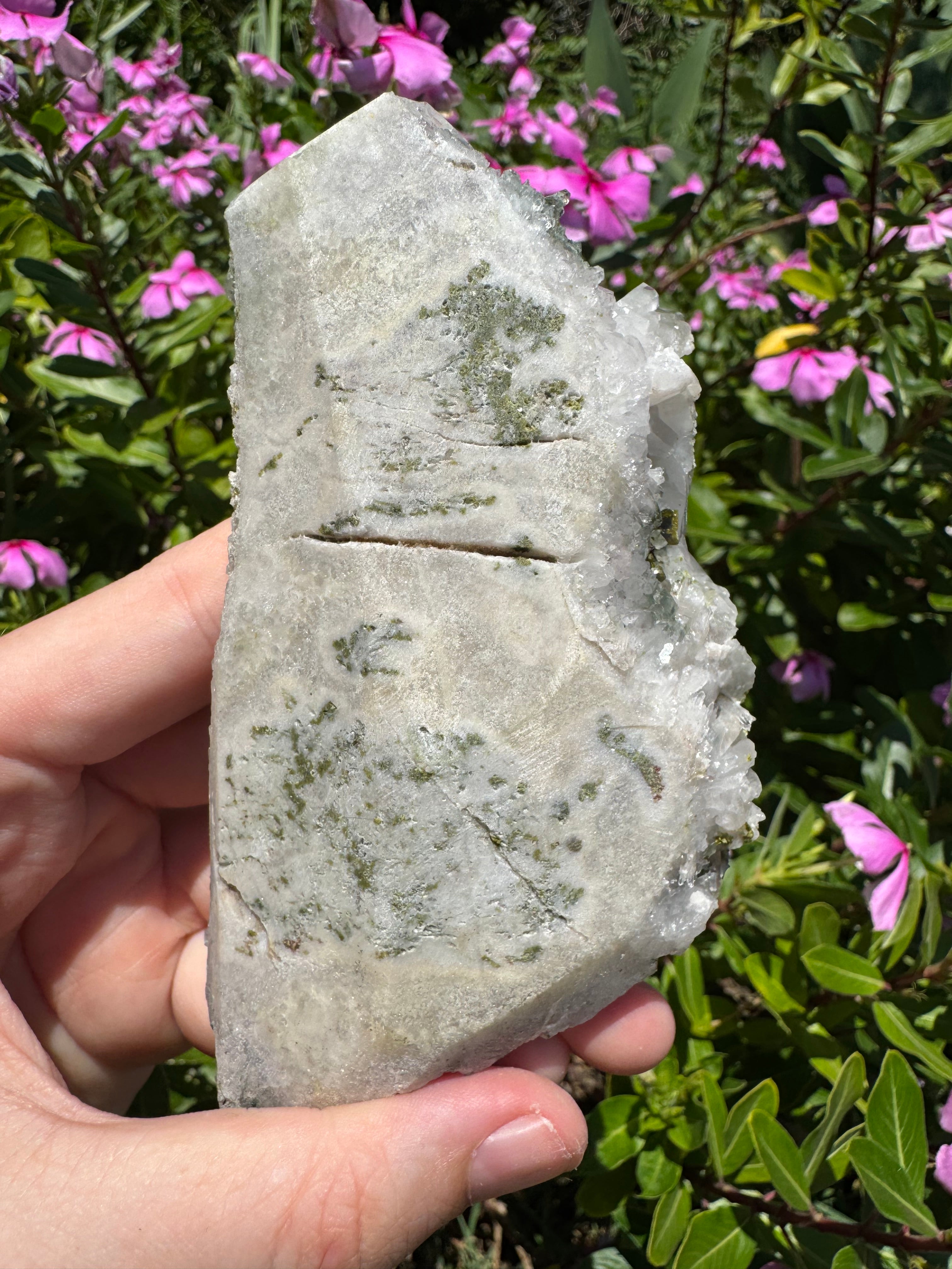 Epidote and Prehnite on Garden Quartz Cluster