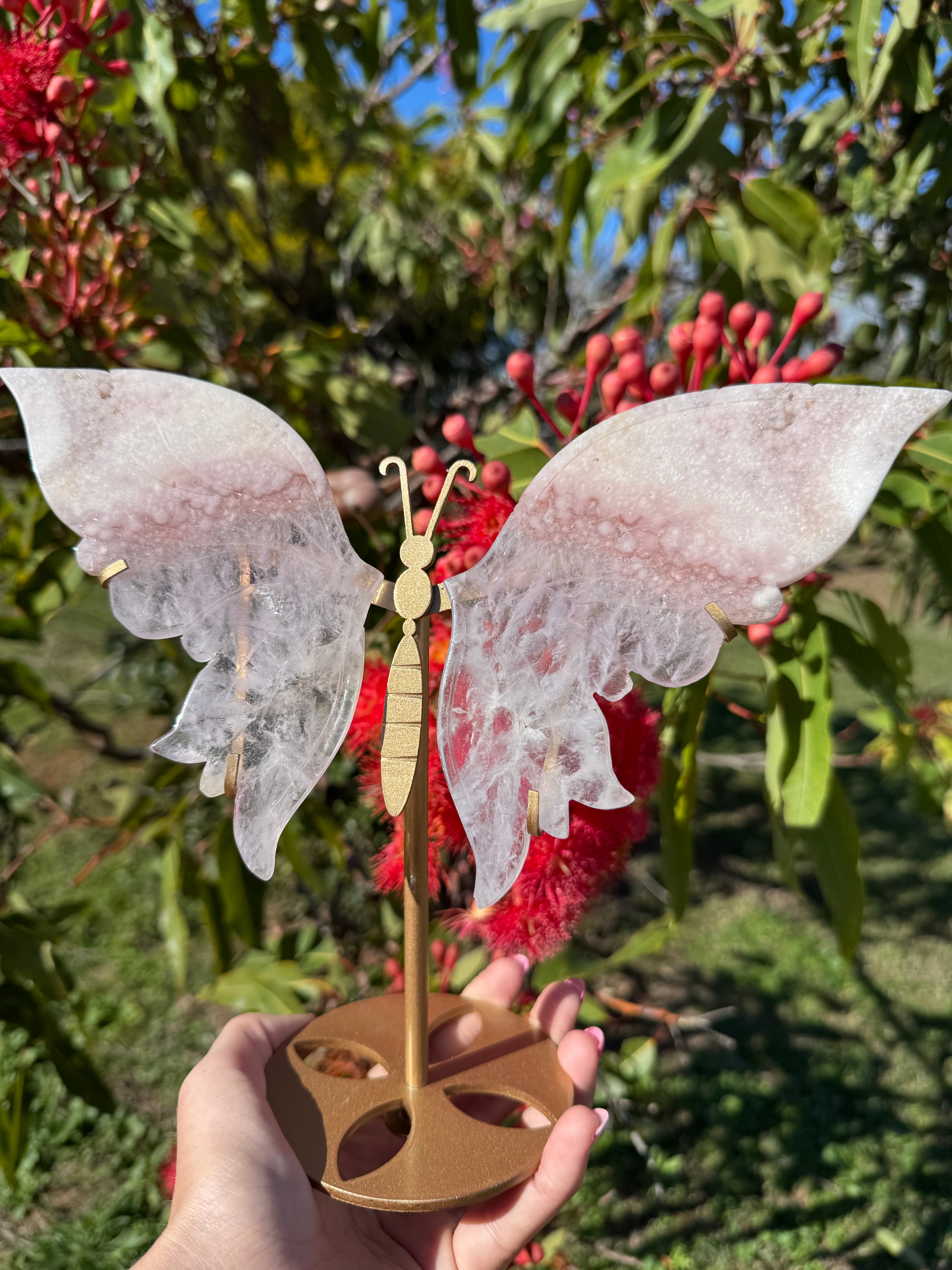 Premium Pink Sakura Flower Agate Butterfly Wing With Display Stand