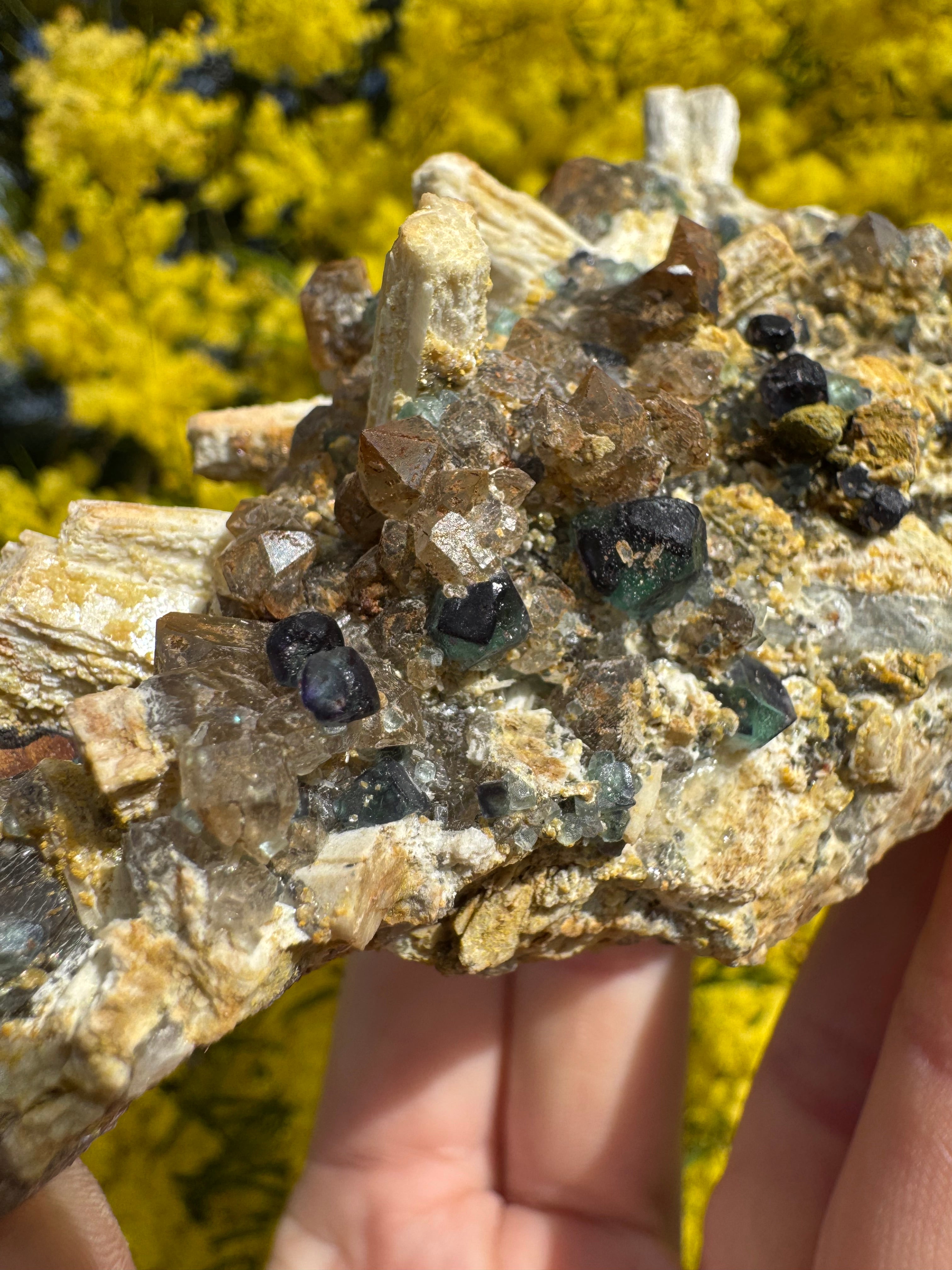 Aquamarine with Feldspar, Fluorite and Quartz on Matrix