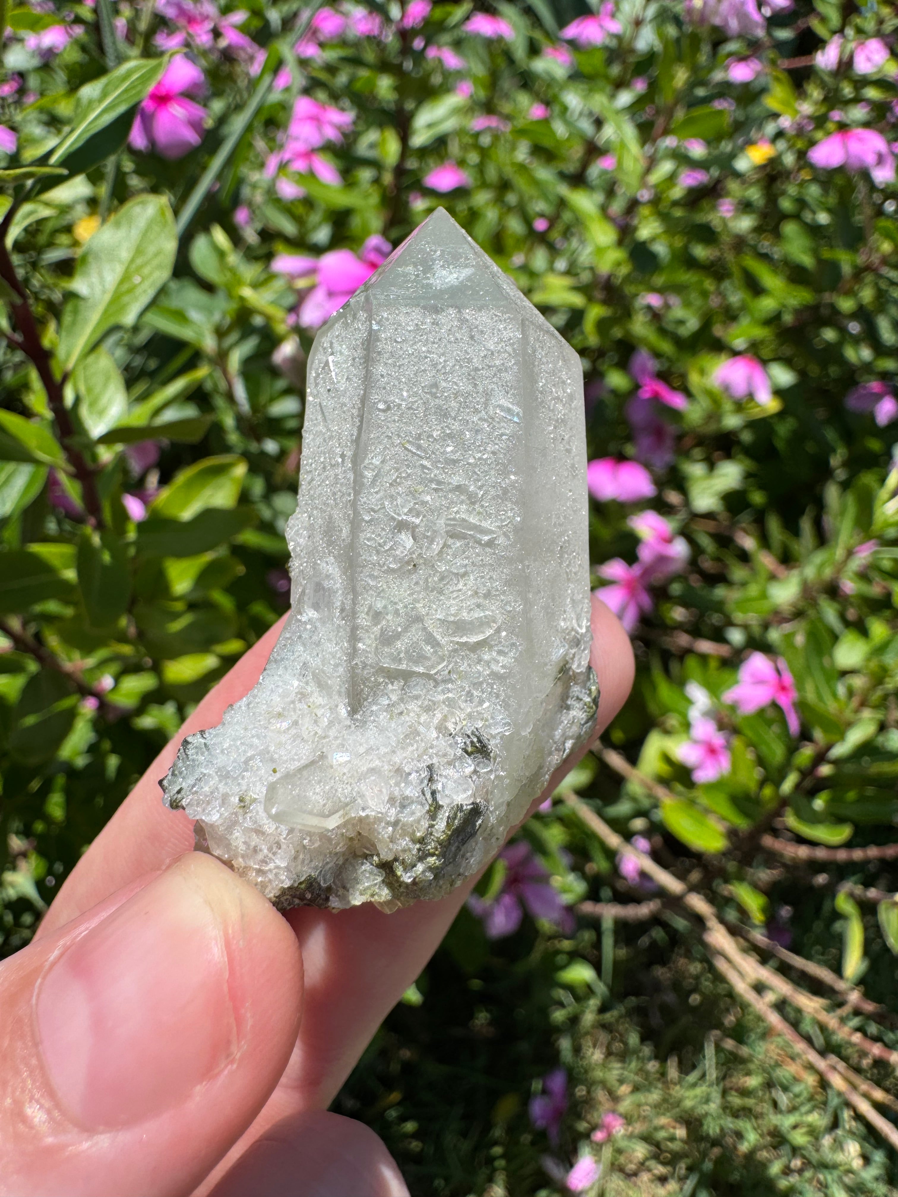 Sugar-Coated Epidote On Quartz Point