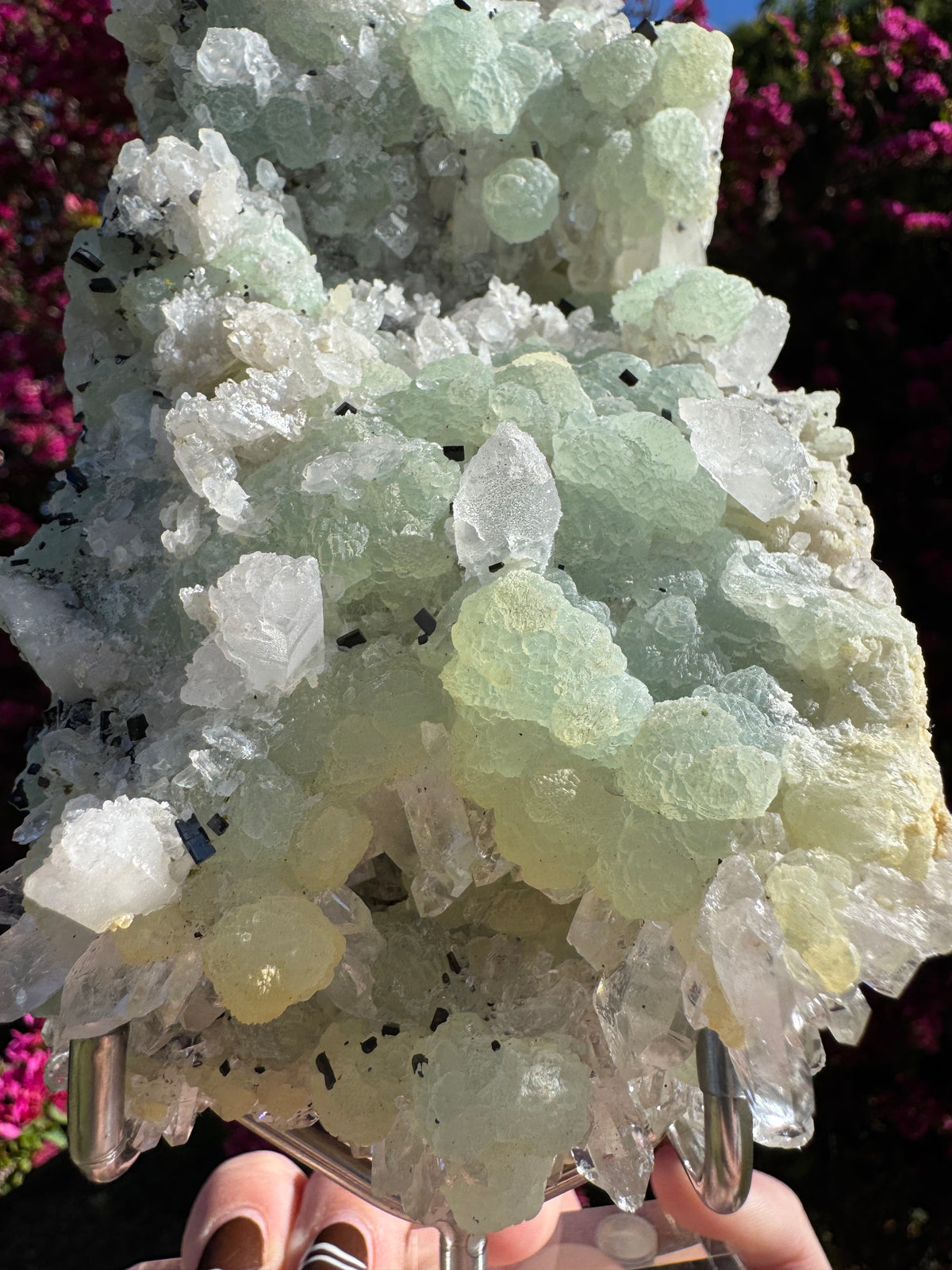 Botryoidal Prehnite With Quartz, Epidote & Black Tourmaline | Custom Stand