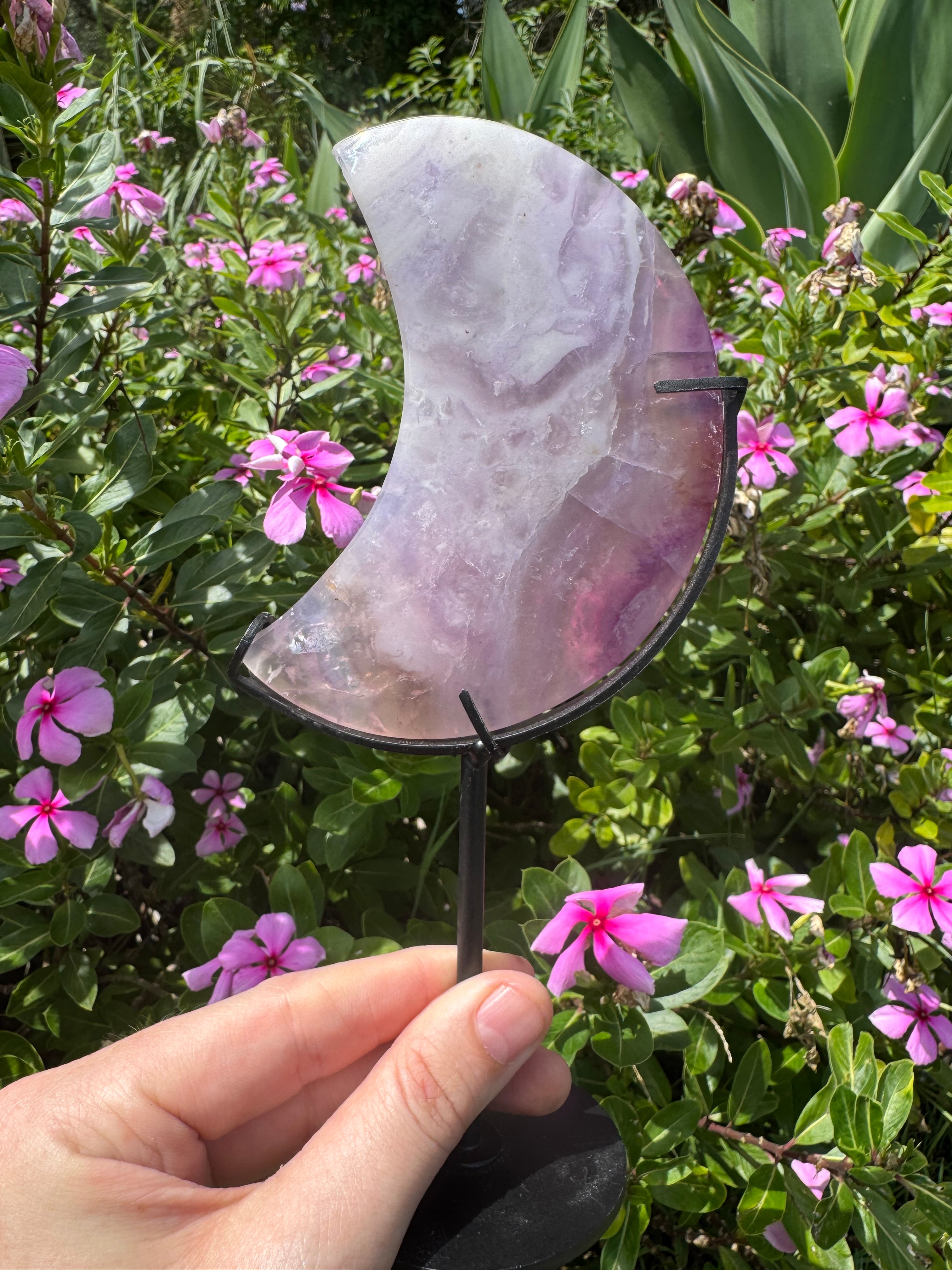 Purple Fluorite Crescent Moon on Metal Stand