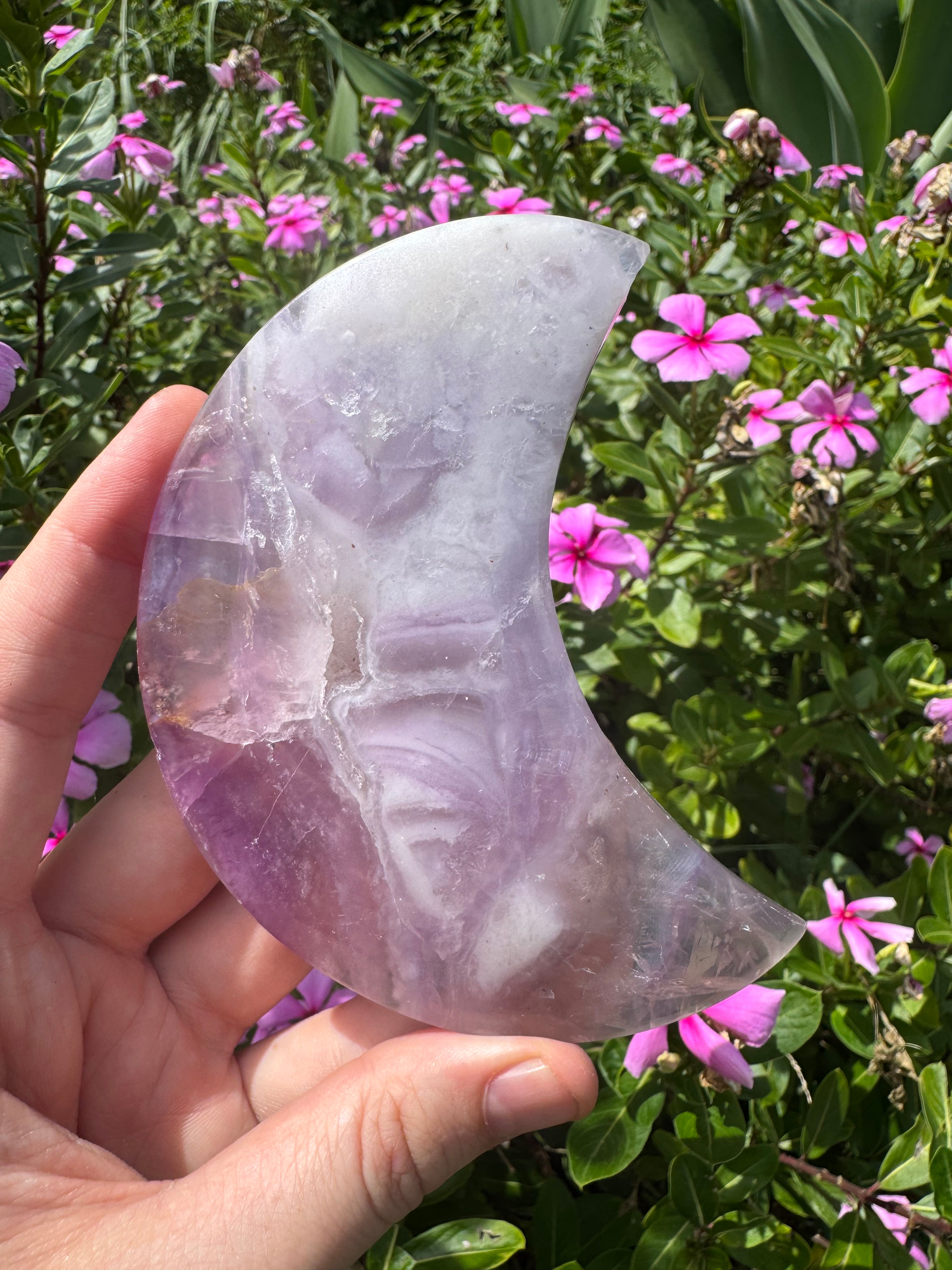 Purple Fluorite Crescent Moon on Metal Stand