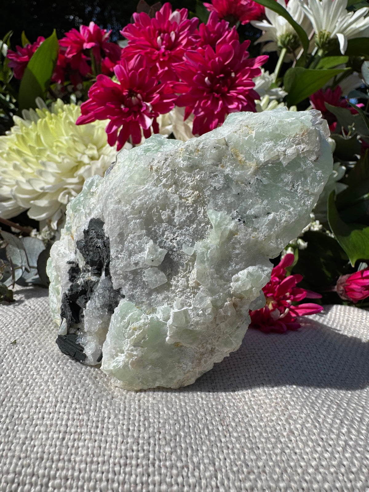 Quartz On Botryoidal Prehnite with Black Tourmaline Specimen