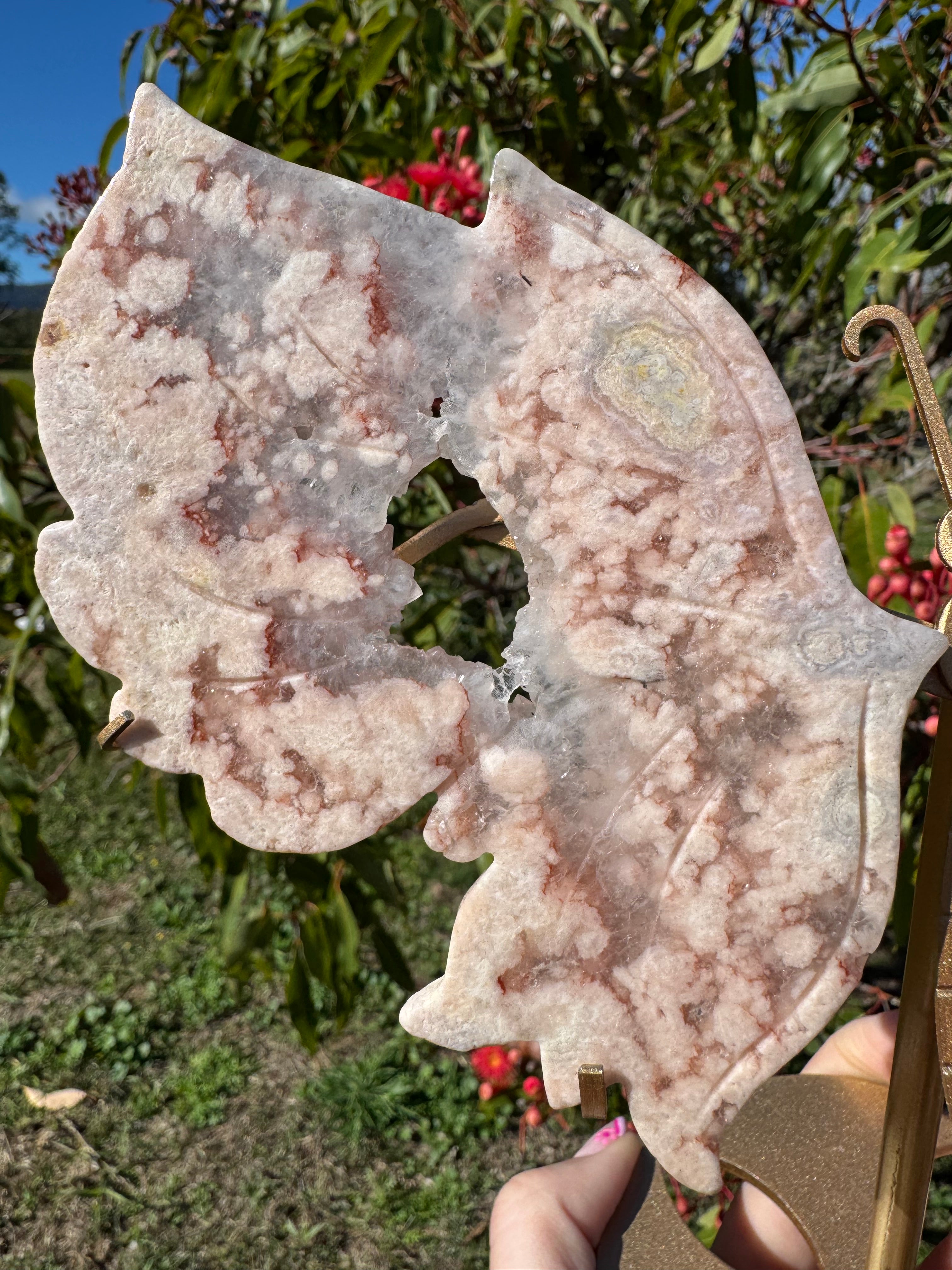 Premium Geode Druzy Pink Sakura Flower Agate Butterfly Wings With Display Stand