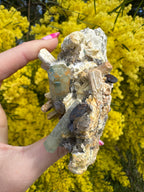 Aquamarine with Feldspar, Fluorite and Quartz on Matrix