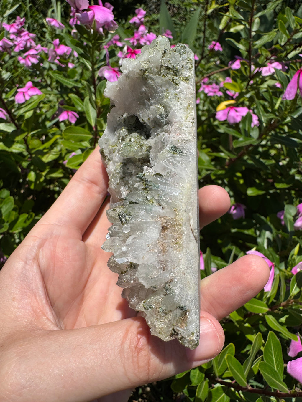 Epidote and Prehnite on Garden Quartz Cluster