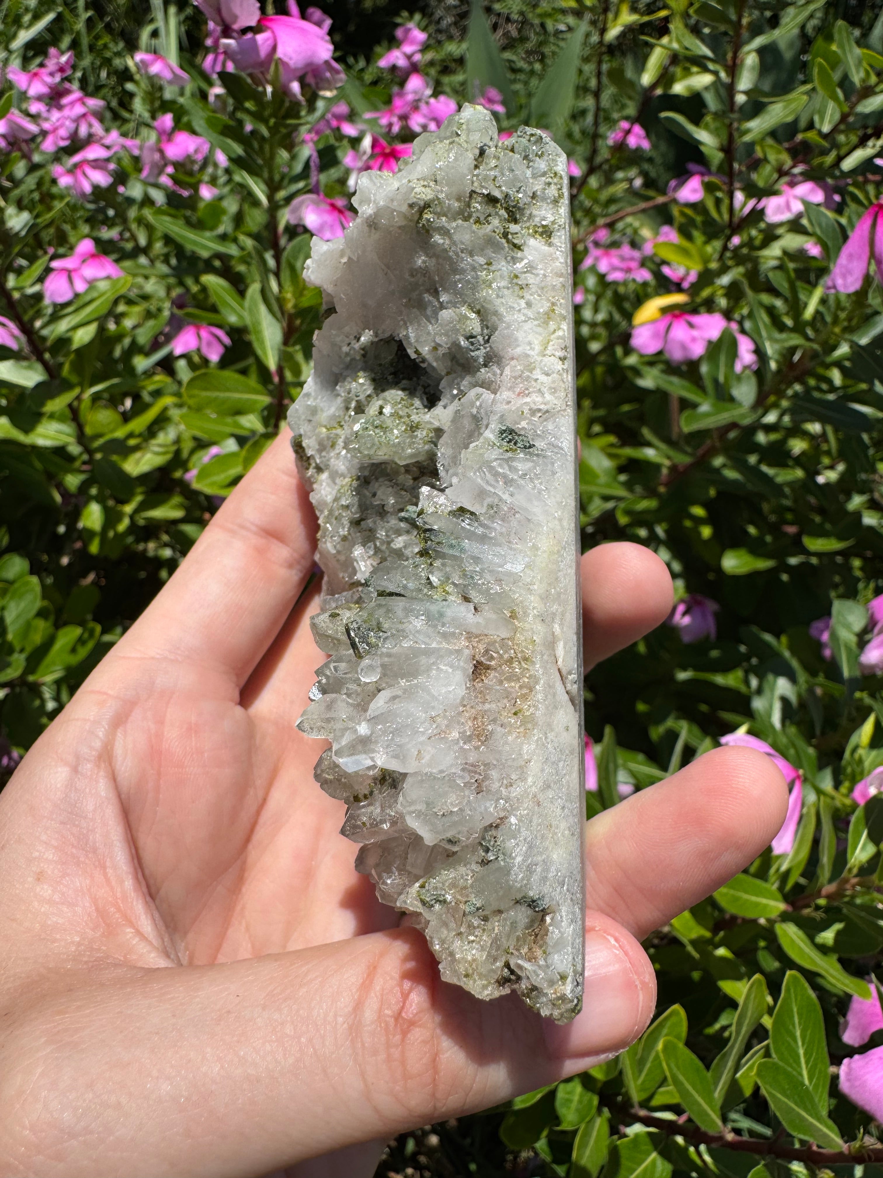 Epidote and Prehnite on Garden Quartz Cluster