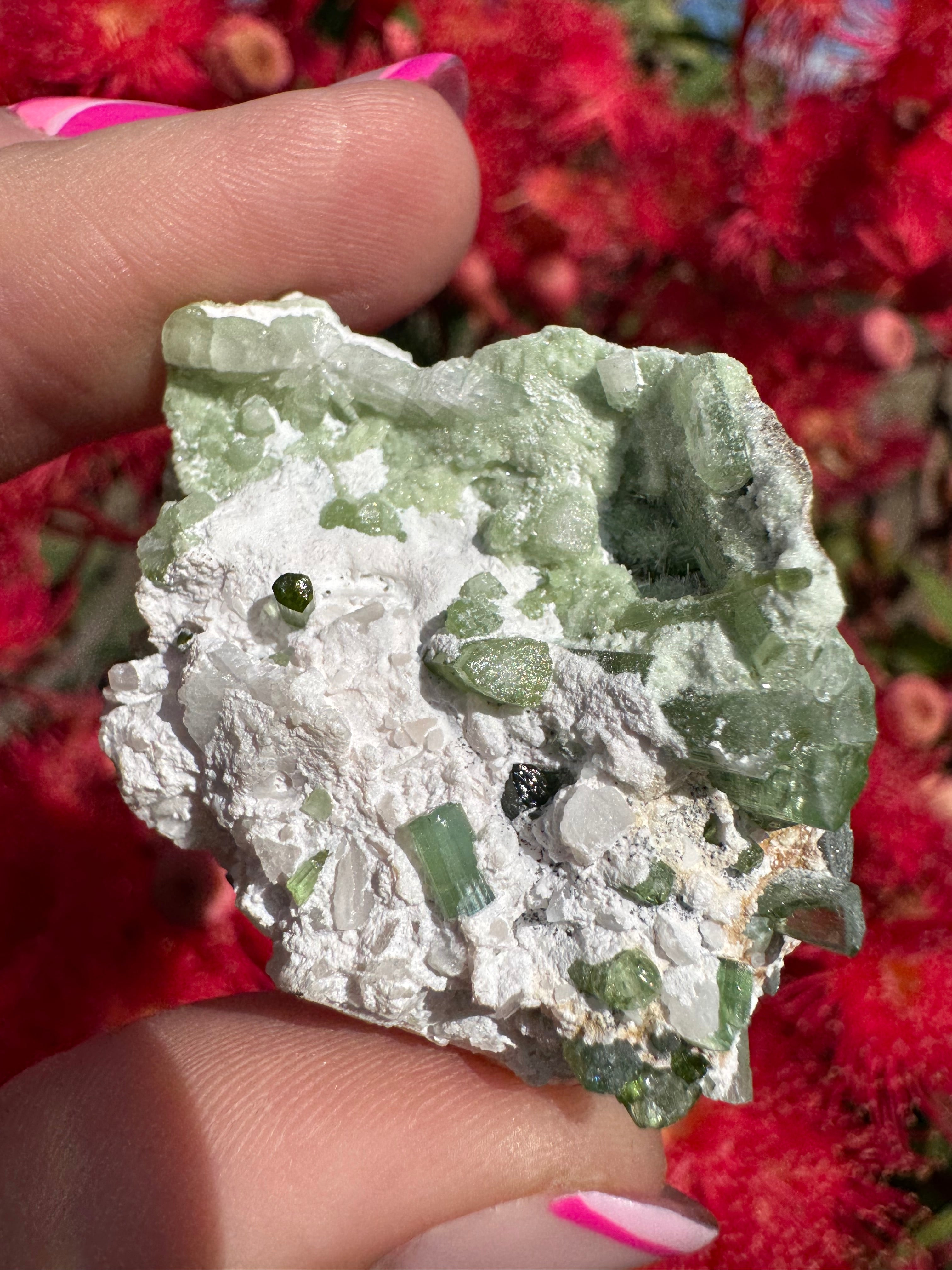 Green Tourmaline and Kunzite with Mica on Albite Matrix Specimen