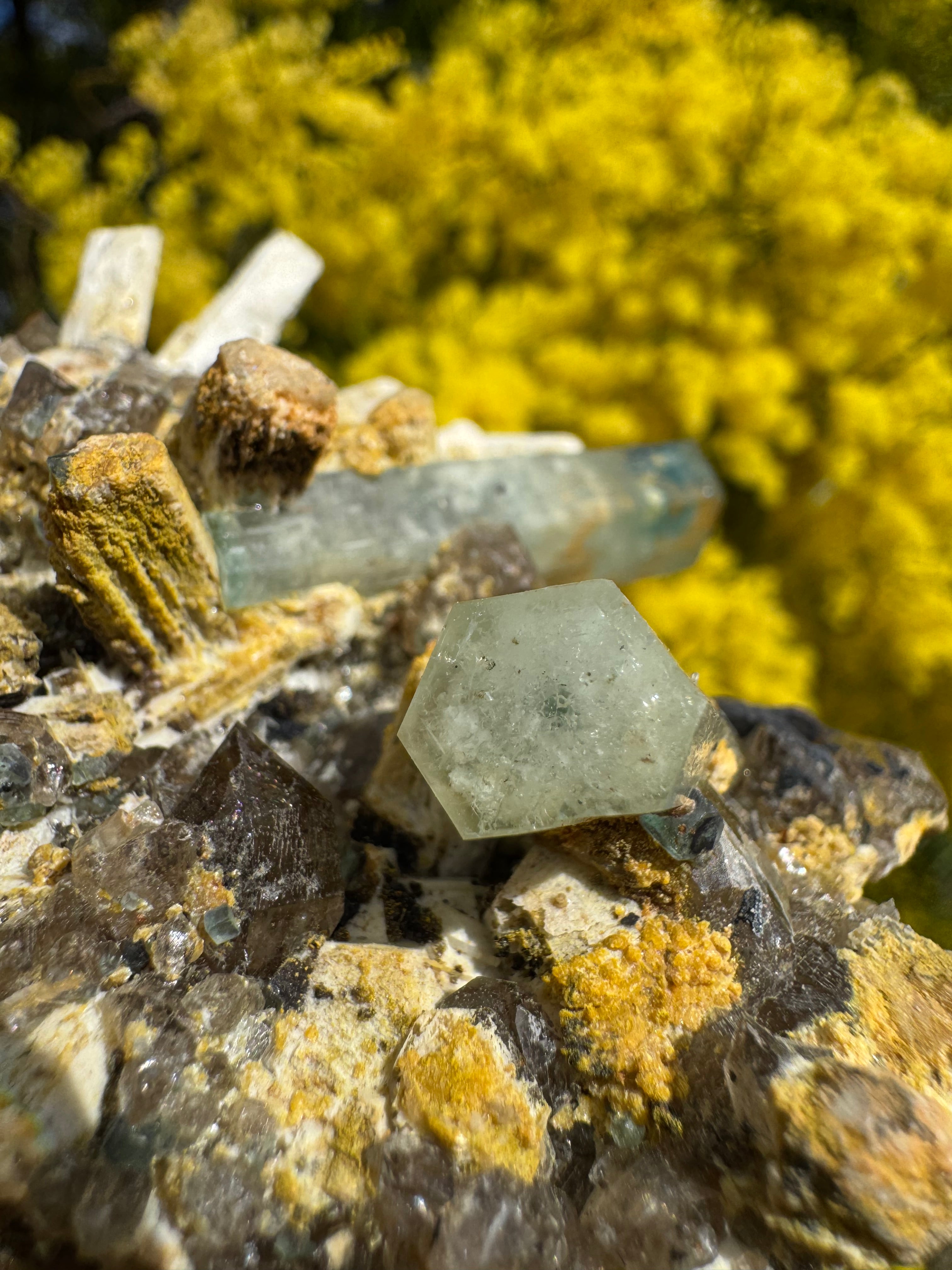 Aquamarine with Feldspar, Fluorite and Quartz on Matrix