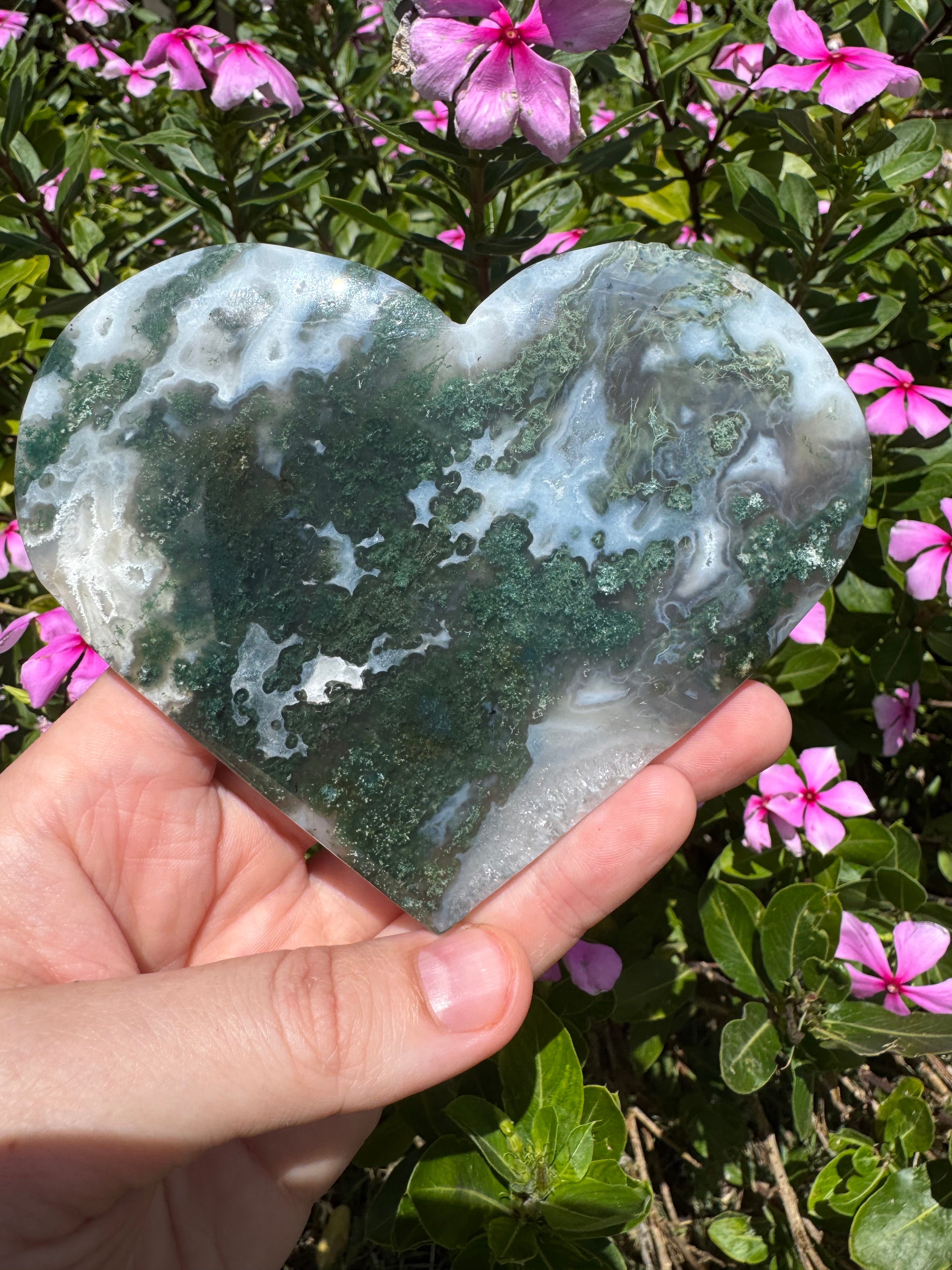 Moss Agate Heart on Stand - High Quality