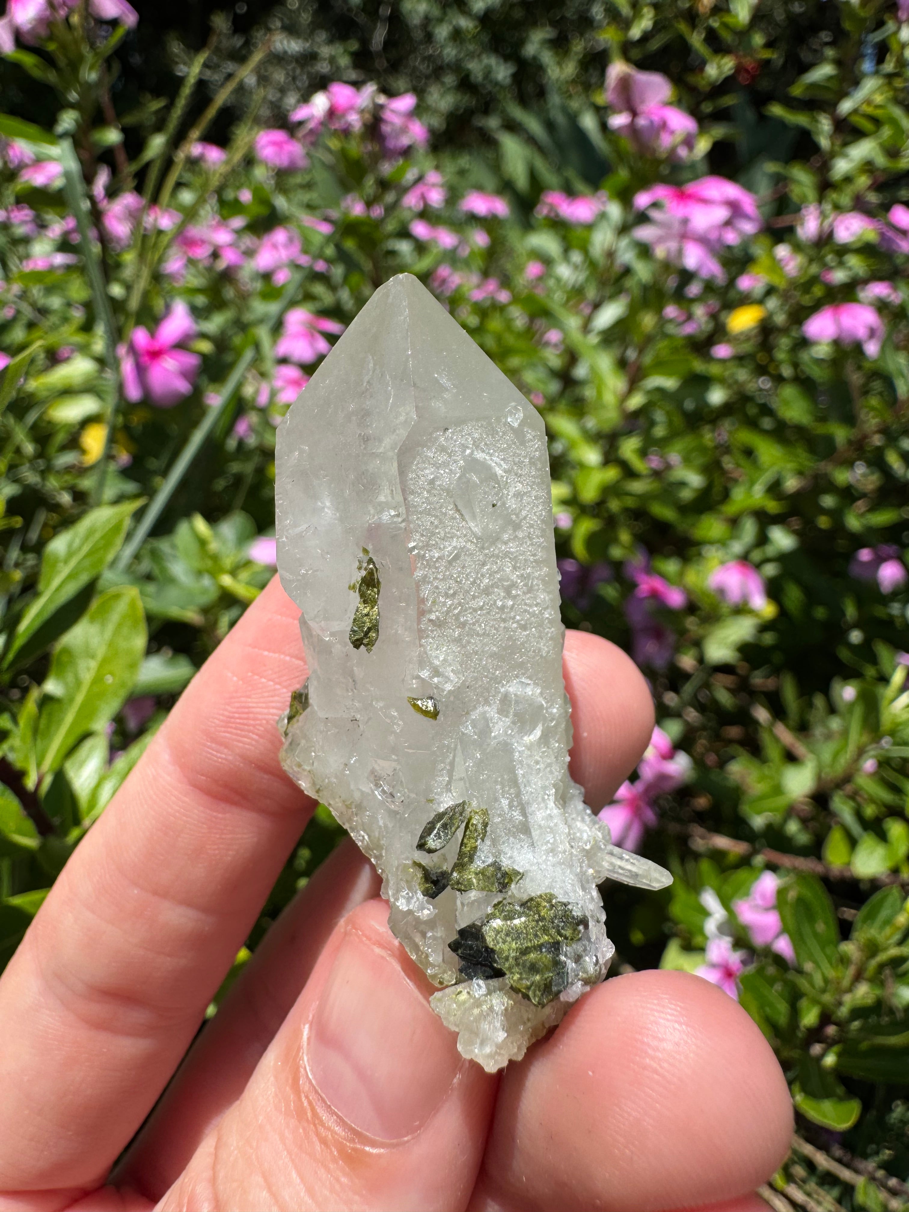 Sugar-Coated Epidote On Quartz Point