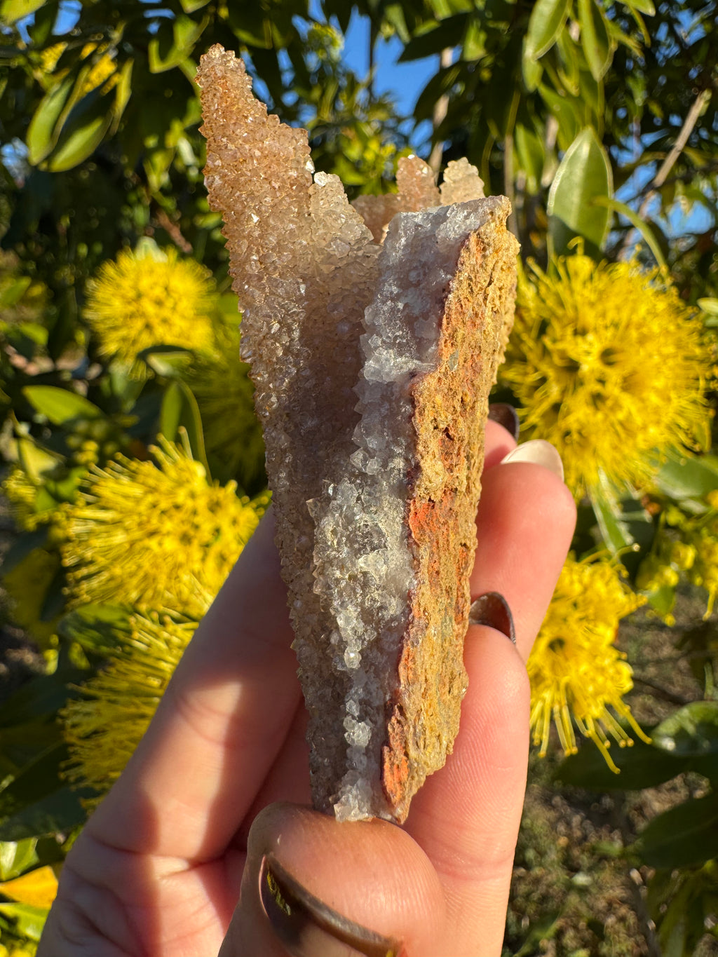 Spécimen de stalactites d'améthyste avec inclusions d'hématite