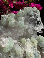 Préhnite botryoïdale avec quartz, épidote et tourmaline noire | Socle personnalisé