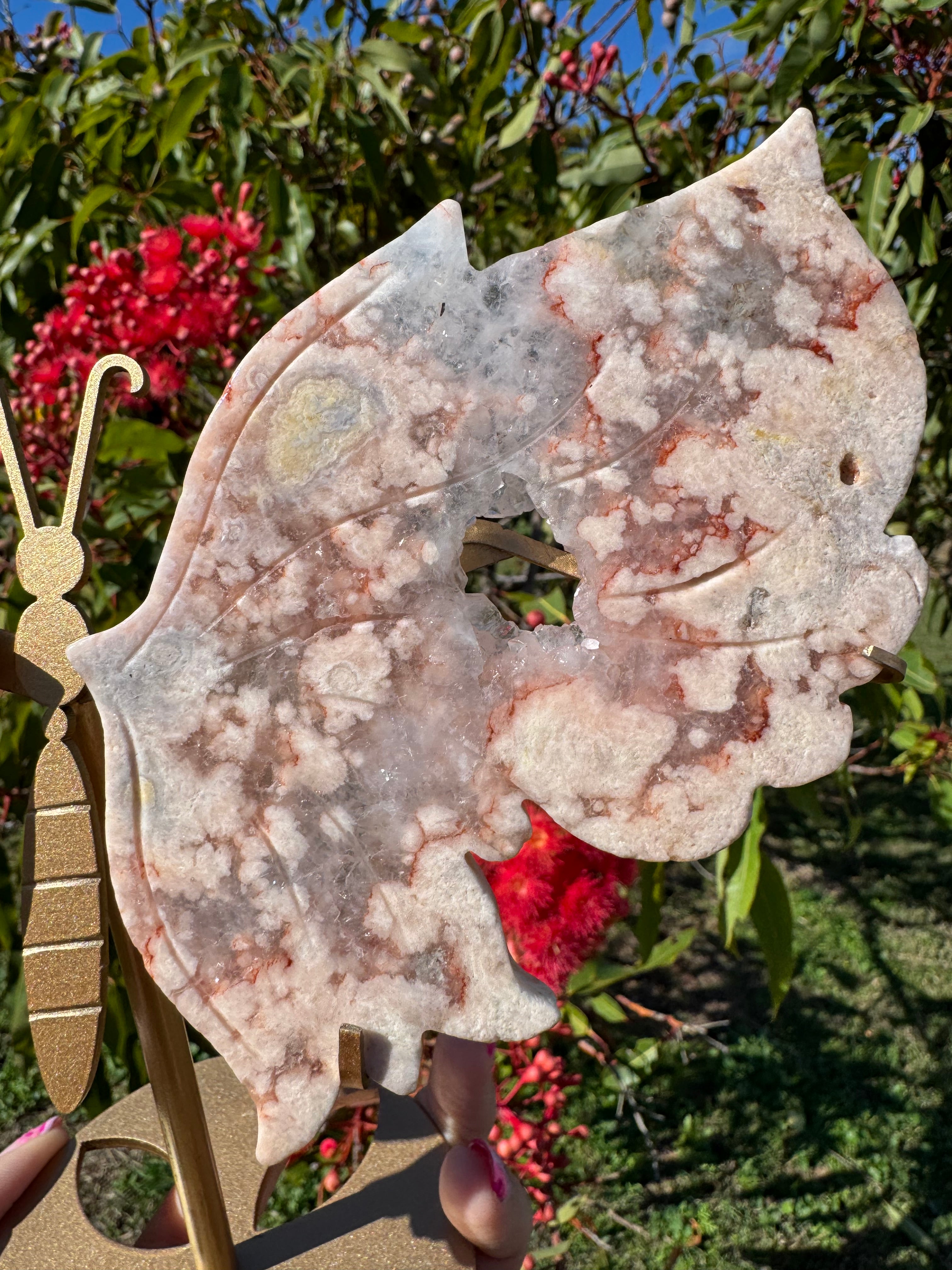 Premium Geode Druzy Pink Sakura Flower Agate Butterfly Wings With Display Stand
