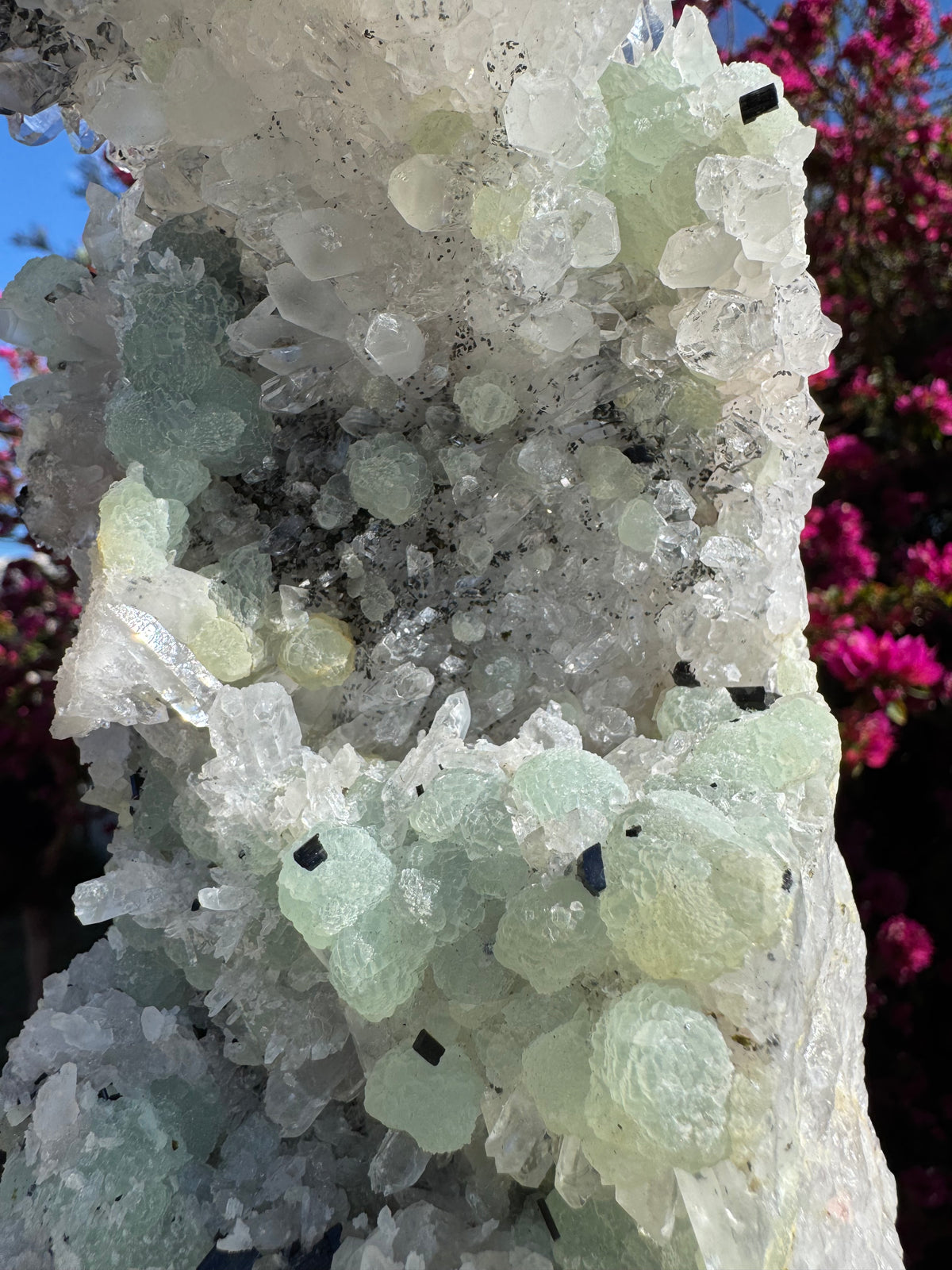 Botryoidal Prehnite With Quartz, Epidote & Black Tourmaline | Custom Stand