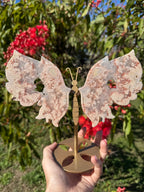 Premium Geode Druzy Pink Sakura Flower Agate Butterfly Wings With Display Stand