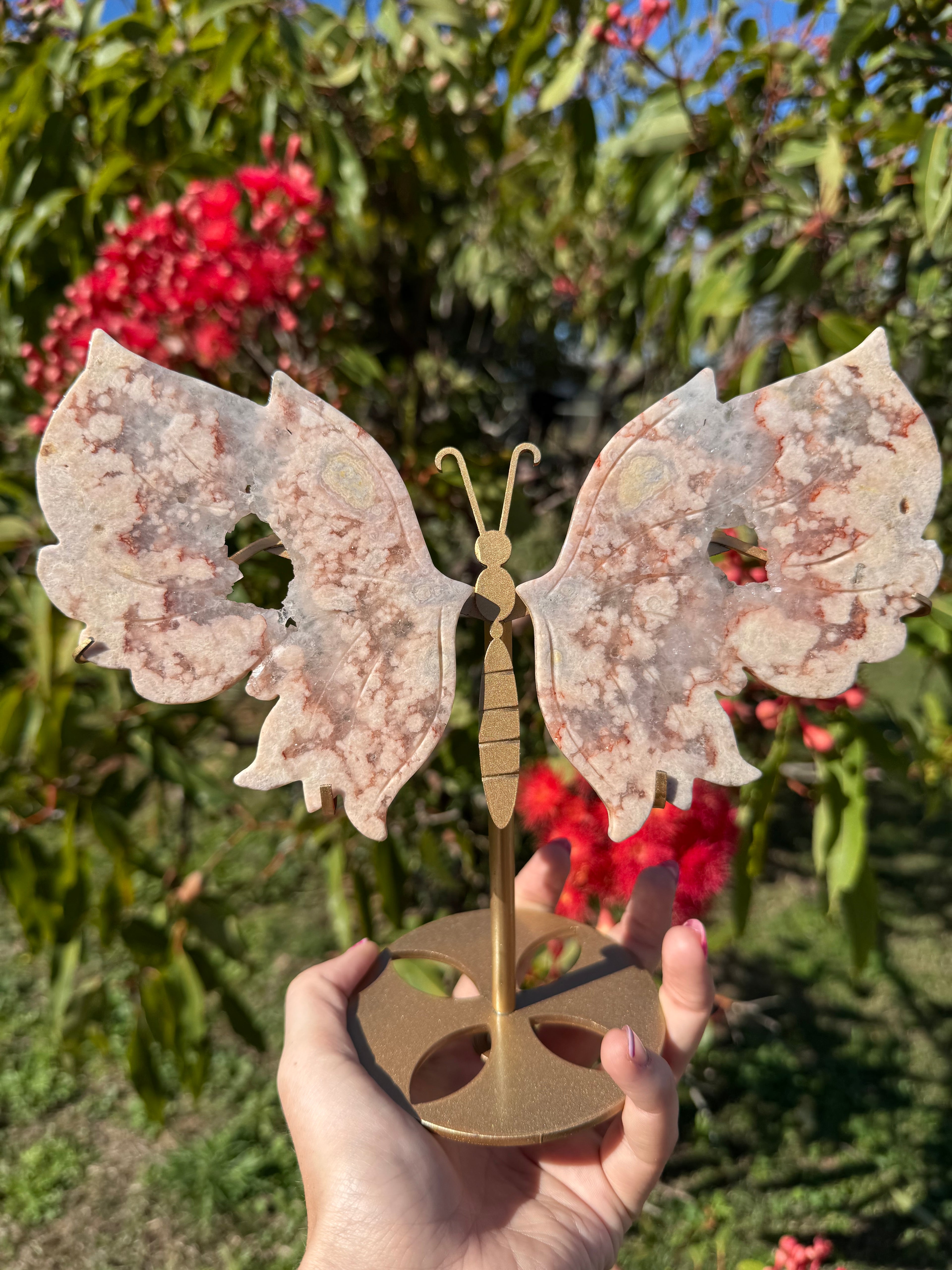 Premium Geode Druzy Pink Sakura Flower Agate Butterfly Wings With Display Stand