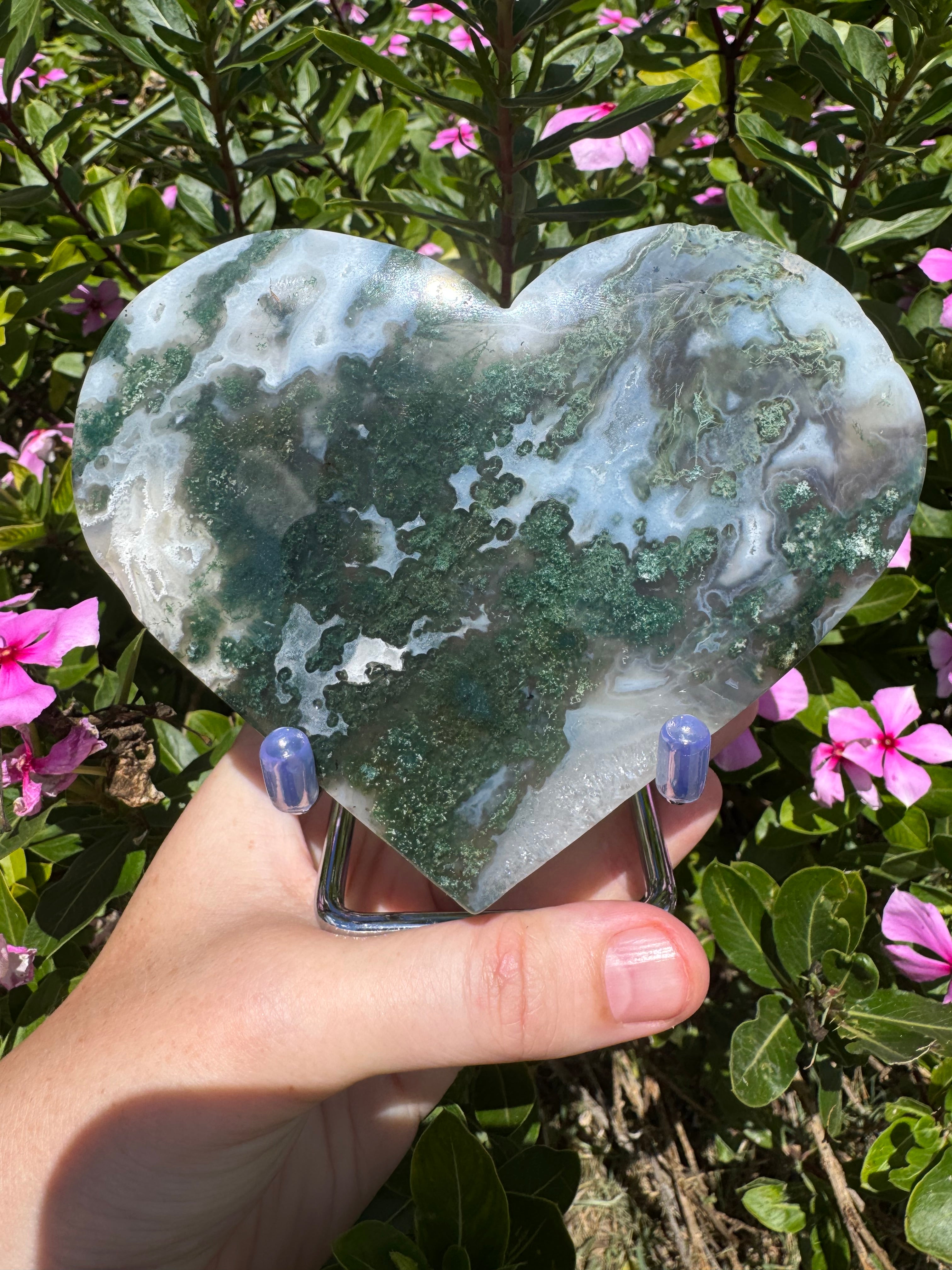 Moss Agate Heart on Stand - High Quality