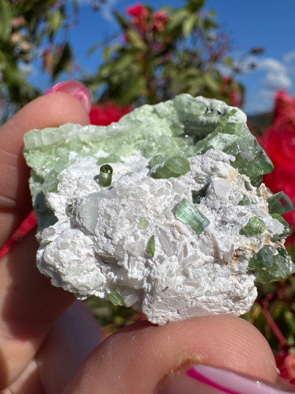 Green Tourmaline and Kunzite with Mica on Albite Matrix Specimen
