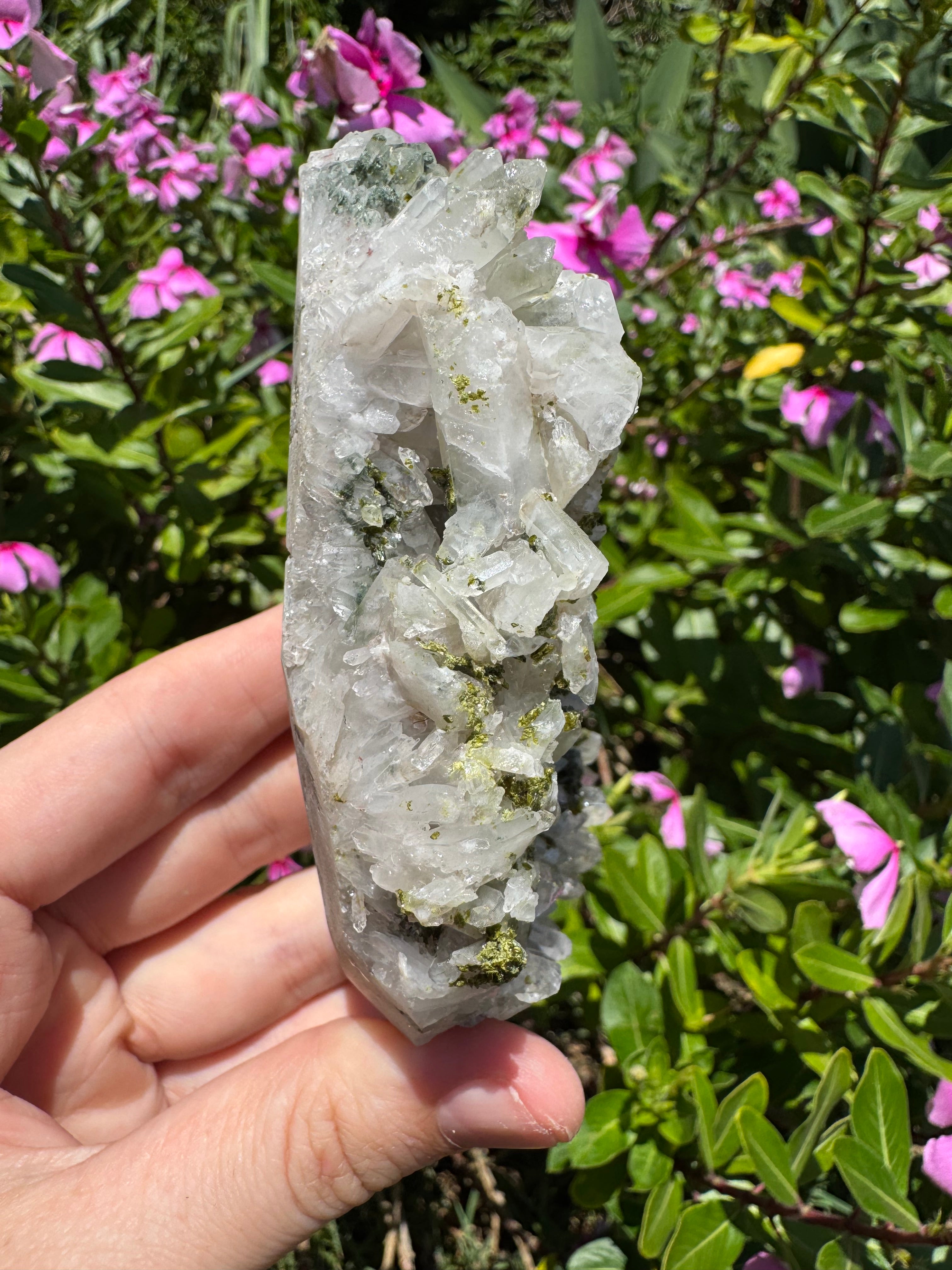 Epidote and Prehnite on Garden Quartz Cluster