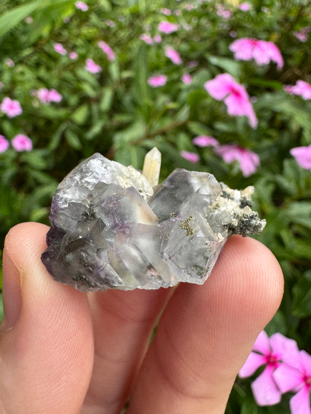 Fluorite And Pyrite With Calcite Point Specimen - High Quality