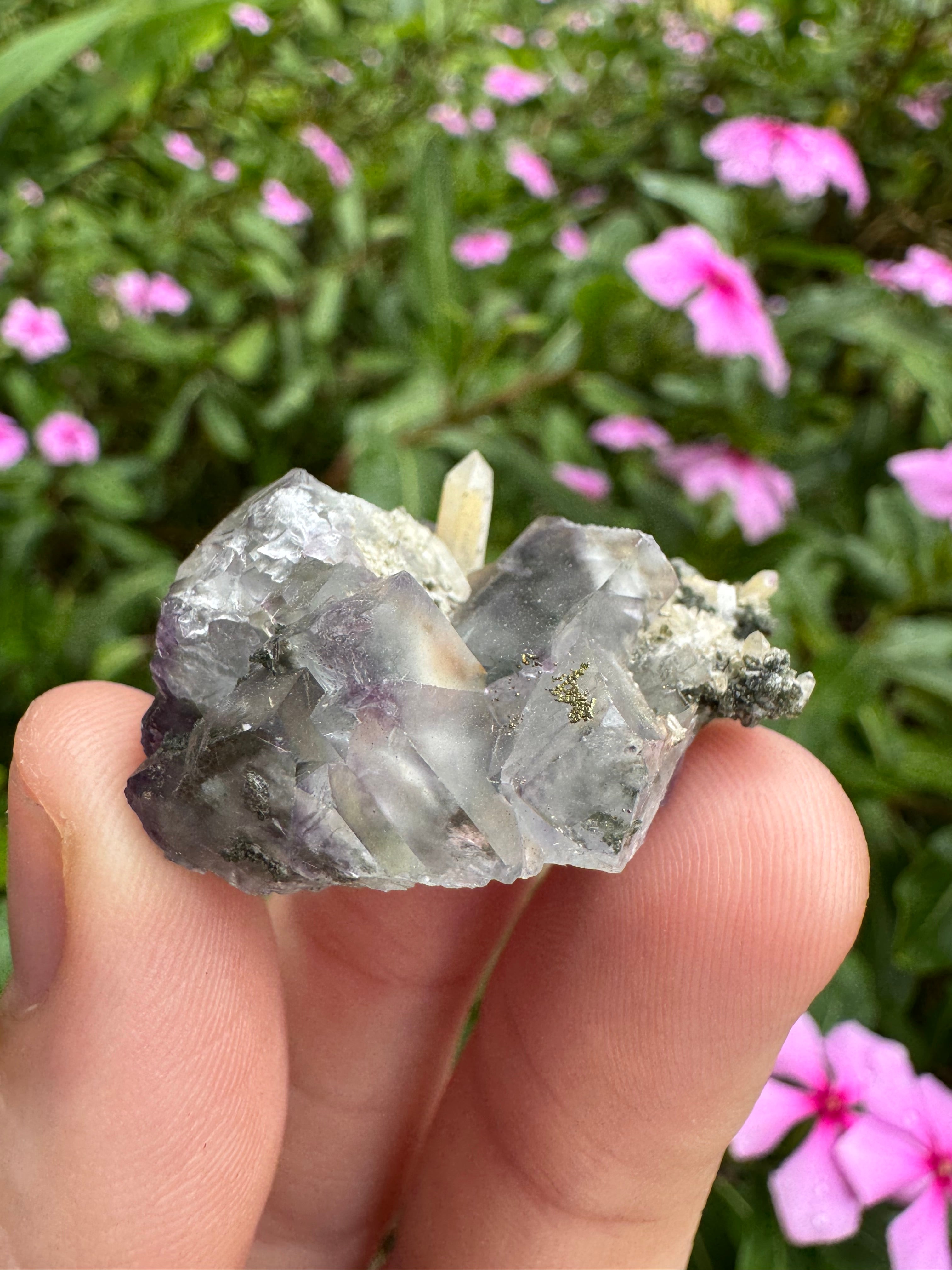 Fluorite And Pyrite With Calcite Point Specimen - High Quality