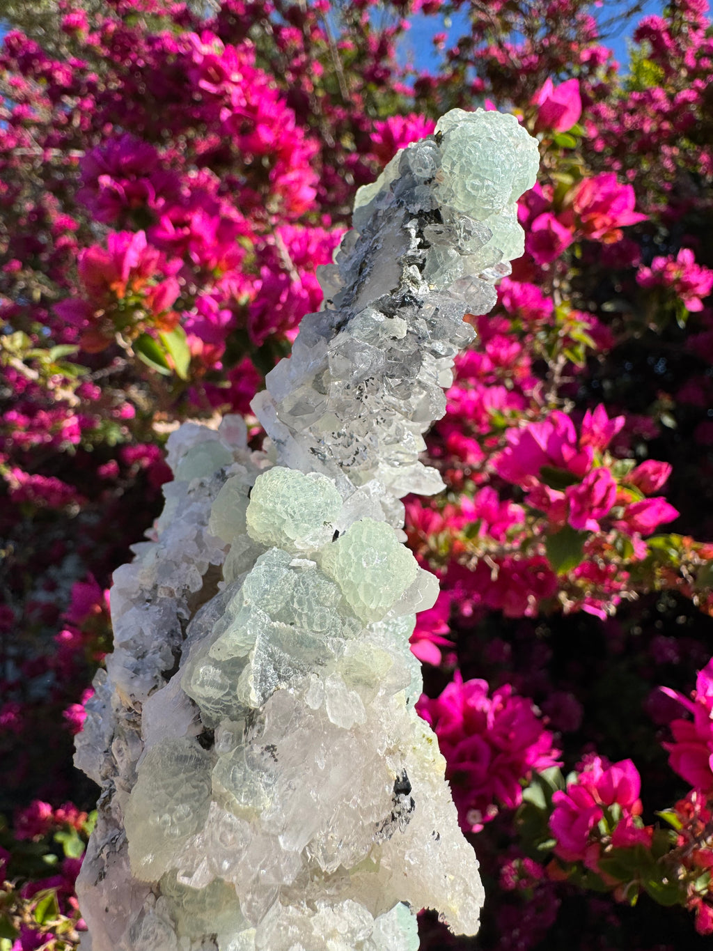 Préhnite botryoïdale avec quartz, épidote et tourmaline noire | Socle personnalisé