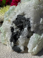 Quartz On Botryoidal Prehnite with Black Tourmaline Specimen