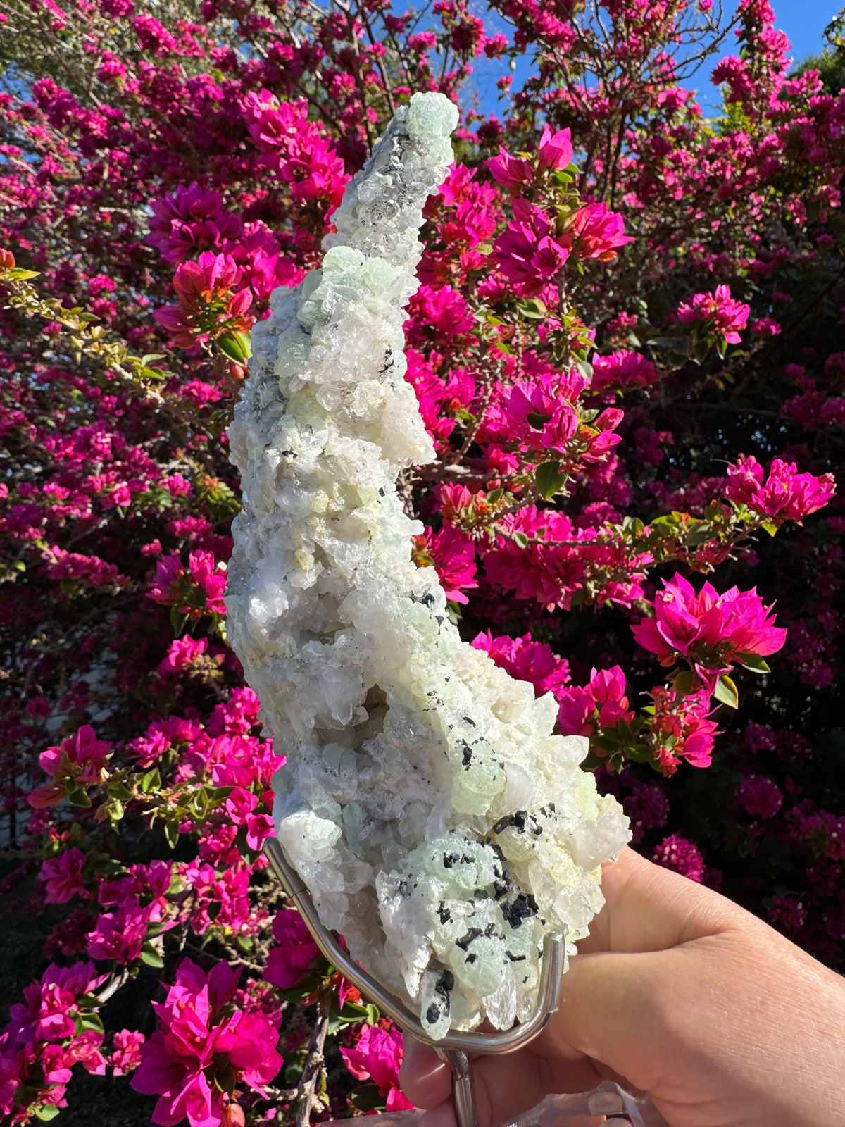 Botryoidal Prehnite With Quartz, Epidote & Black Tourmaline | Custom Stand