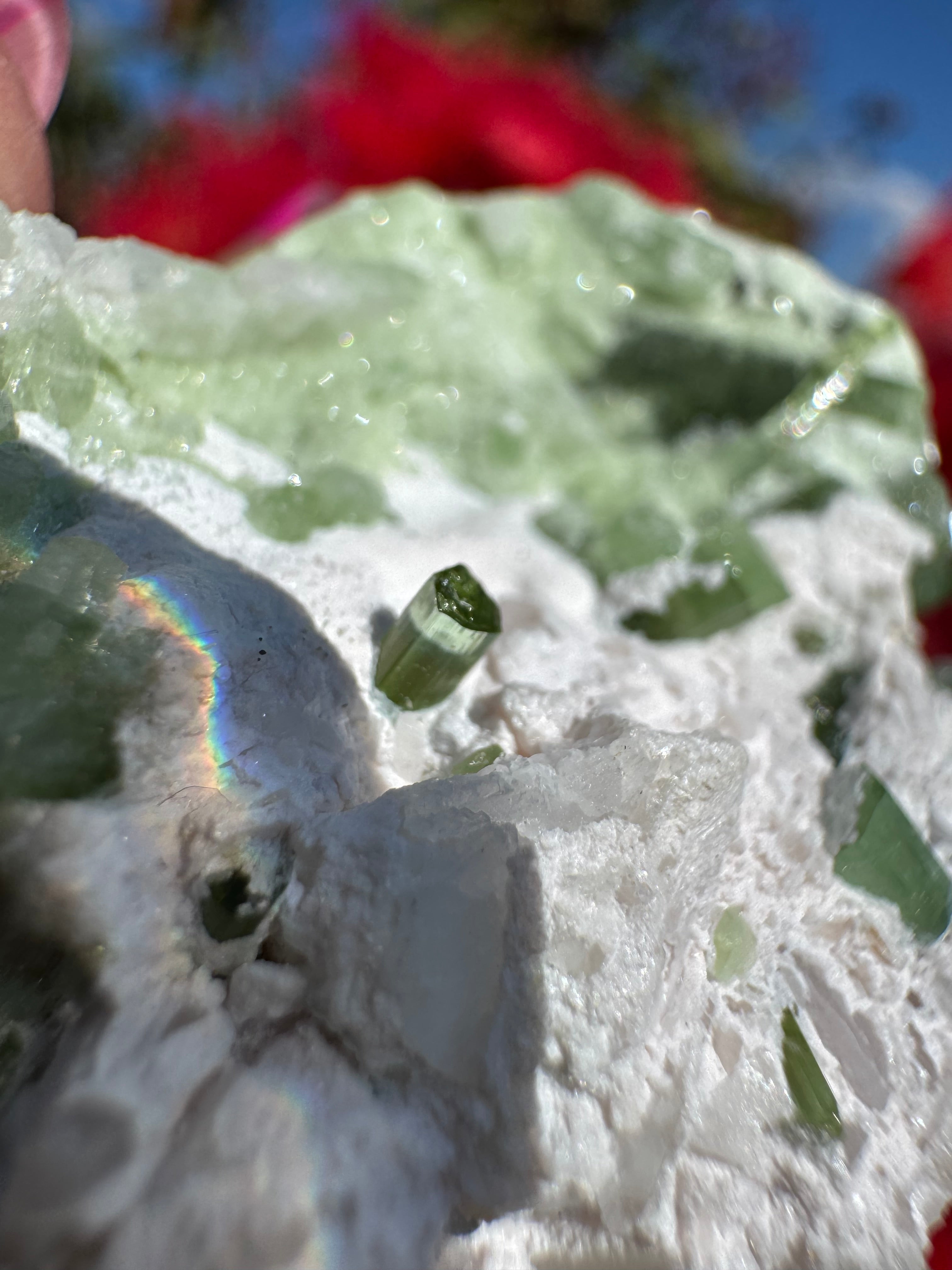 Green Tourmaline and Kunzite with Mica on Albite Matrix Specimen