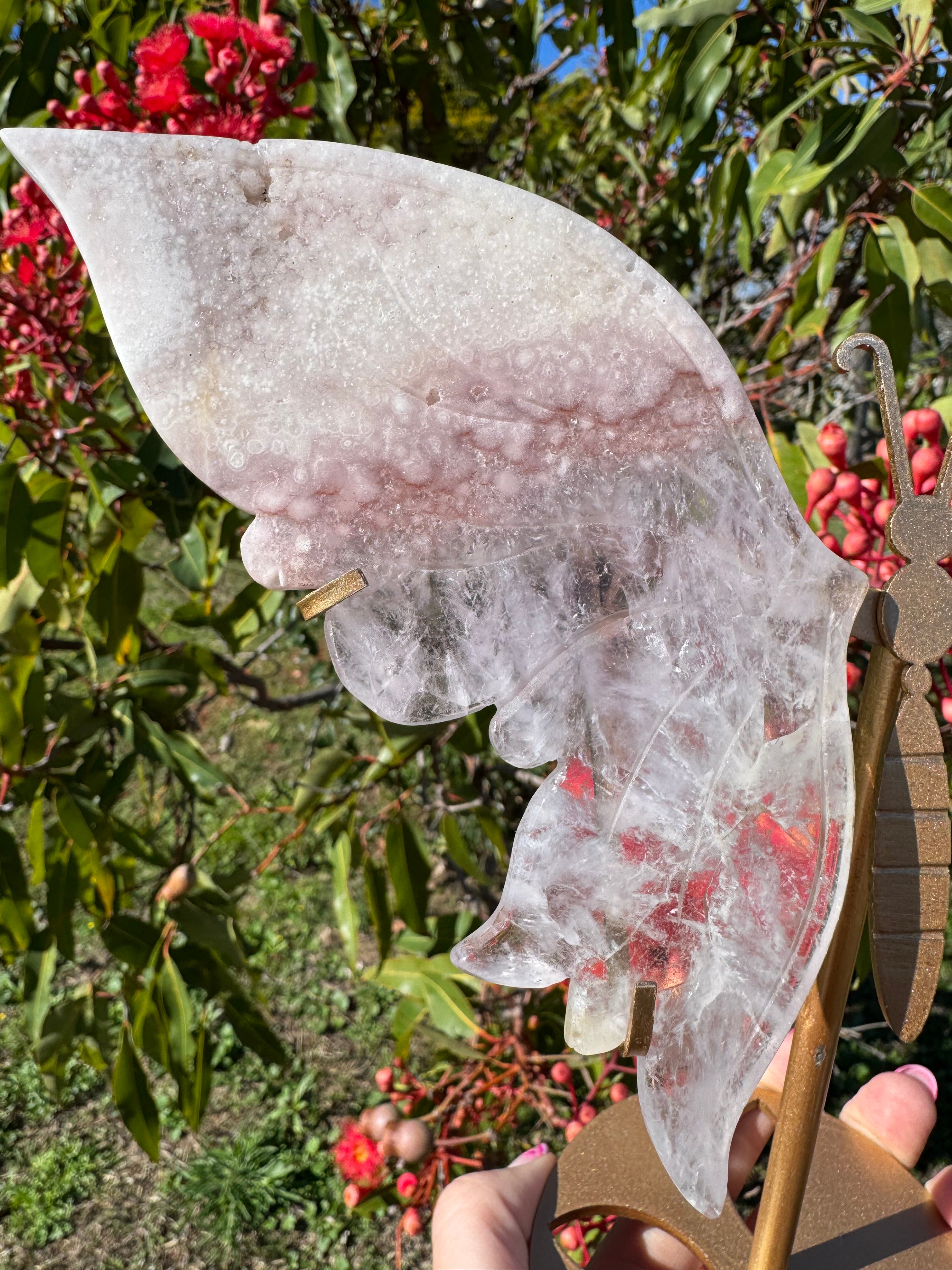 Premium Pink Sakura Flower Agate Butterfly Wing With Display Stand