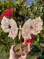 Premium Geode Druzy Pink Sakura Flower Agate Butterfly Wings With Display Stand