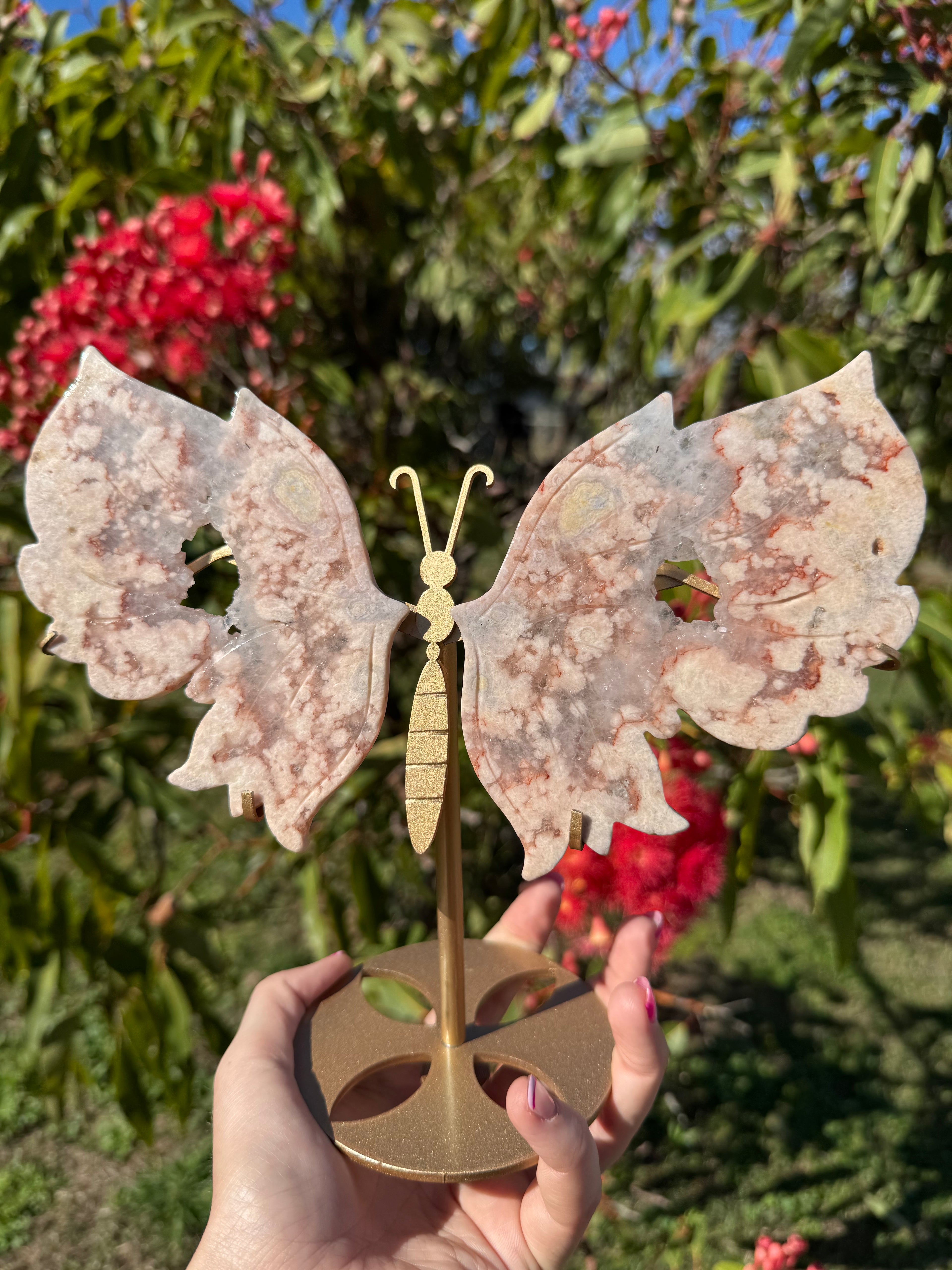 Premium Geode Druzy Pink Sakura Flower Agate Butterfly Wings With Display Stand