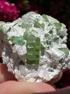 Spécimen de tourmaline verte avec kunzite sur matrice d'albite