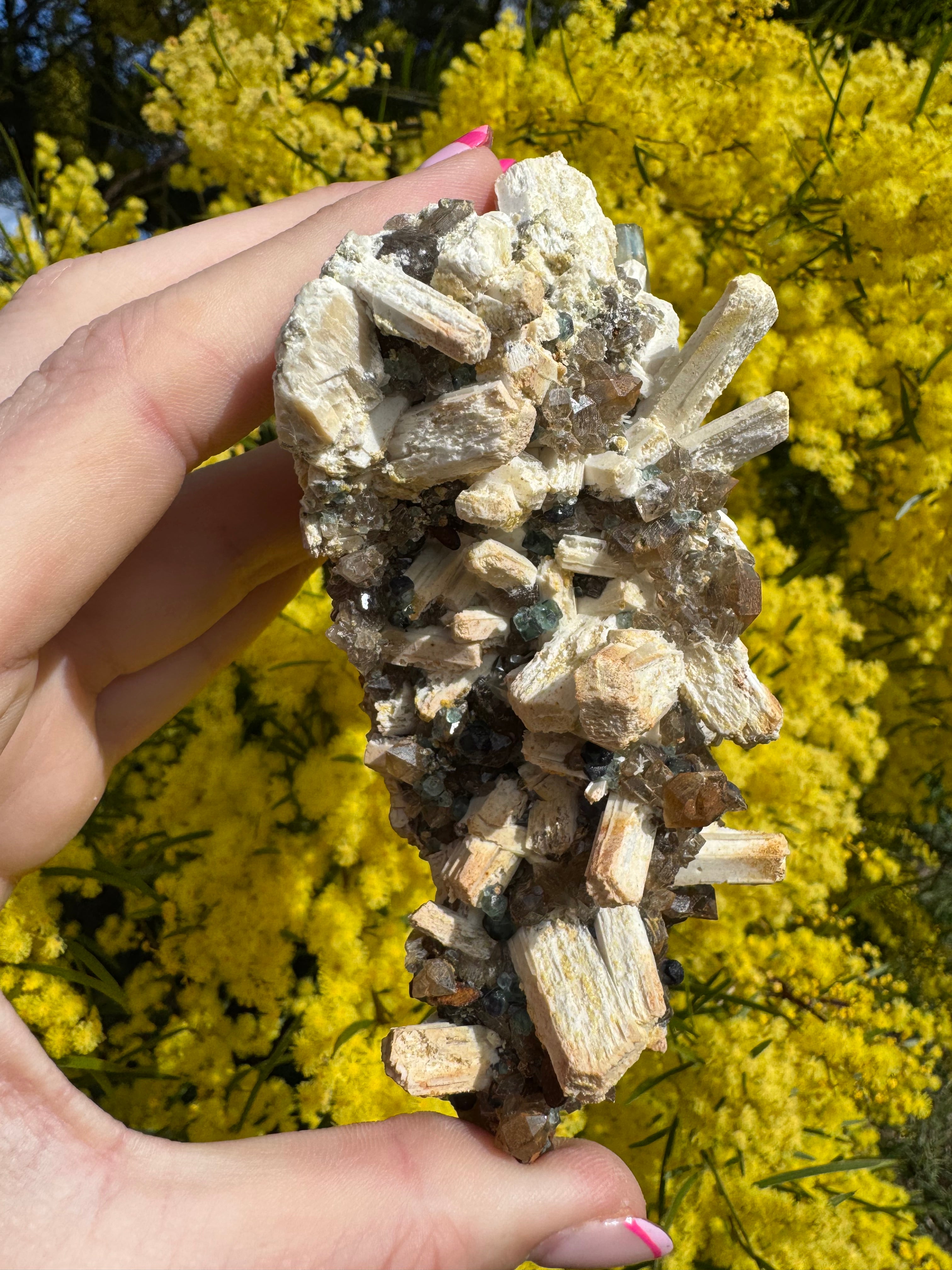 Aquamarine with Feldspar, Fluorite and Quartz on Matrix