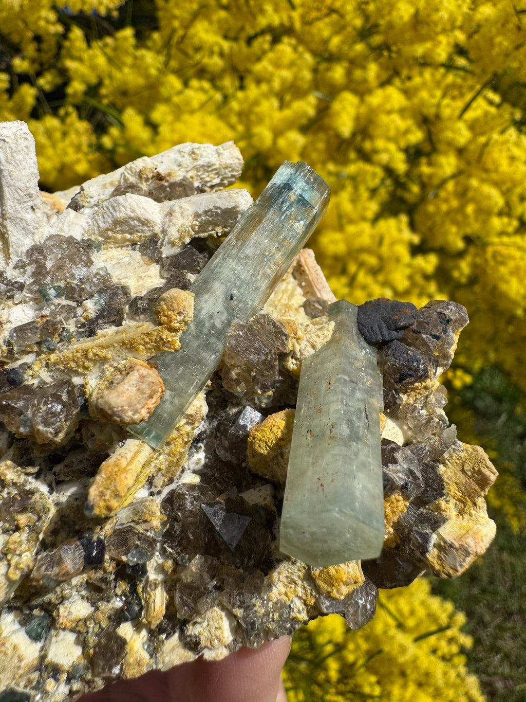 Aquamarine with Feldspar, Fluorite and Quartz on Matrix