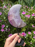 Purple Fluorite Crescent Moon on Metal Stand