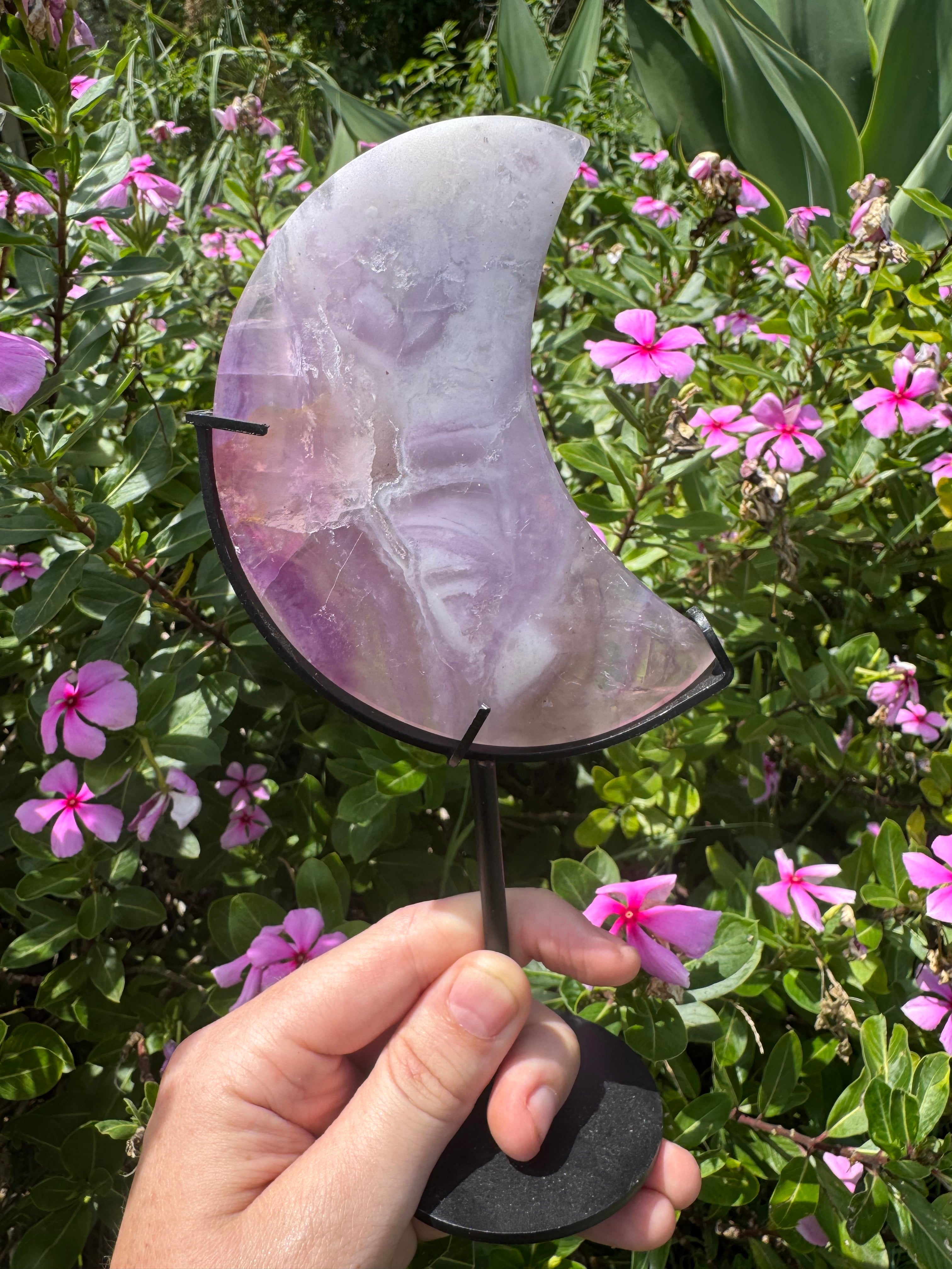 Purple Fluorite Crescent Moon on Metal Stand