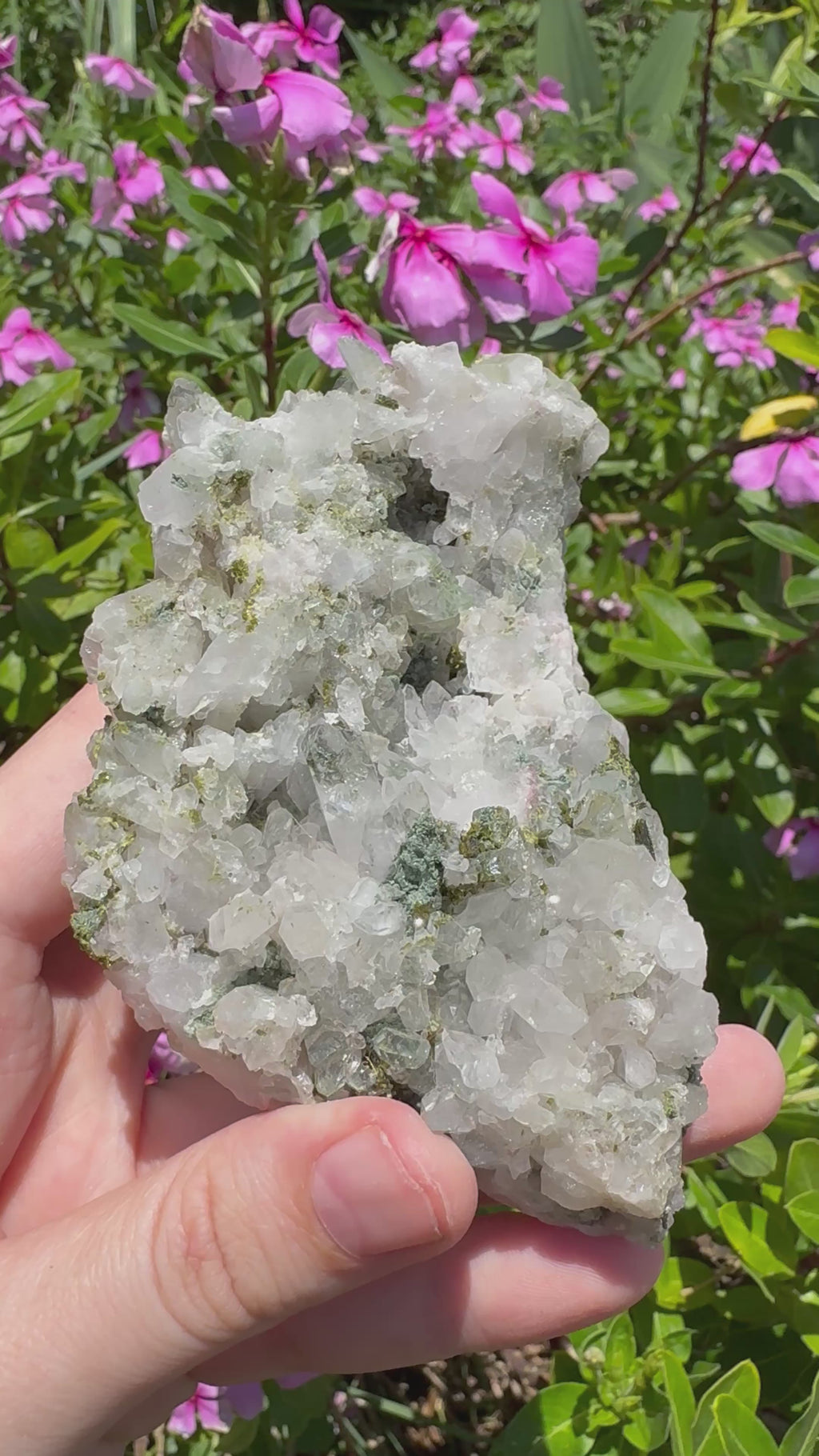 Epidote and Prehnite on Garden Quartz Cluster