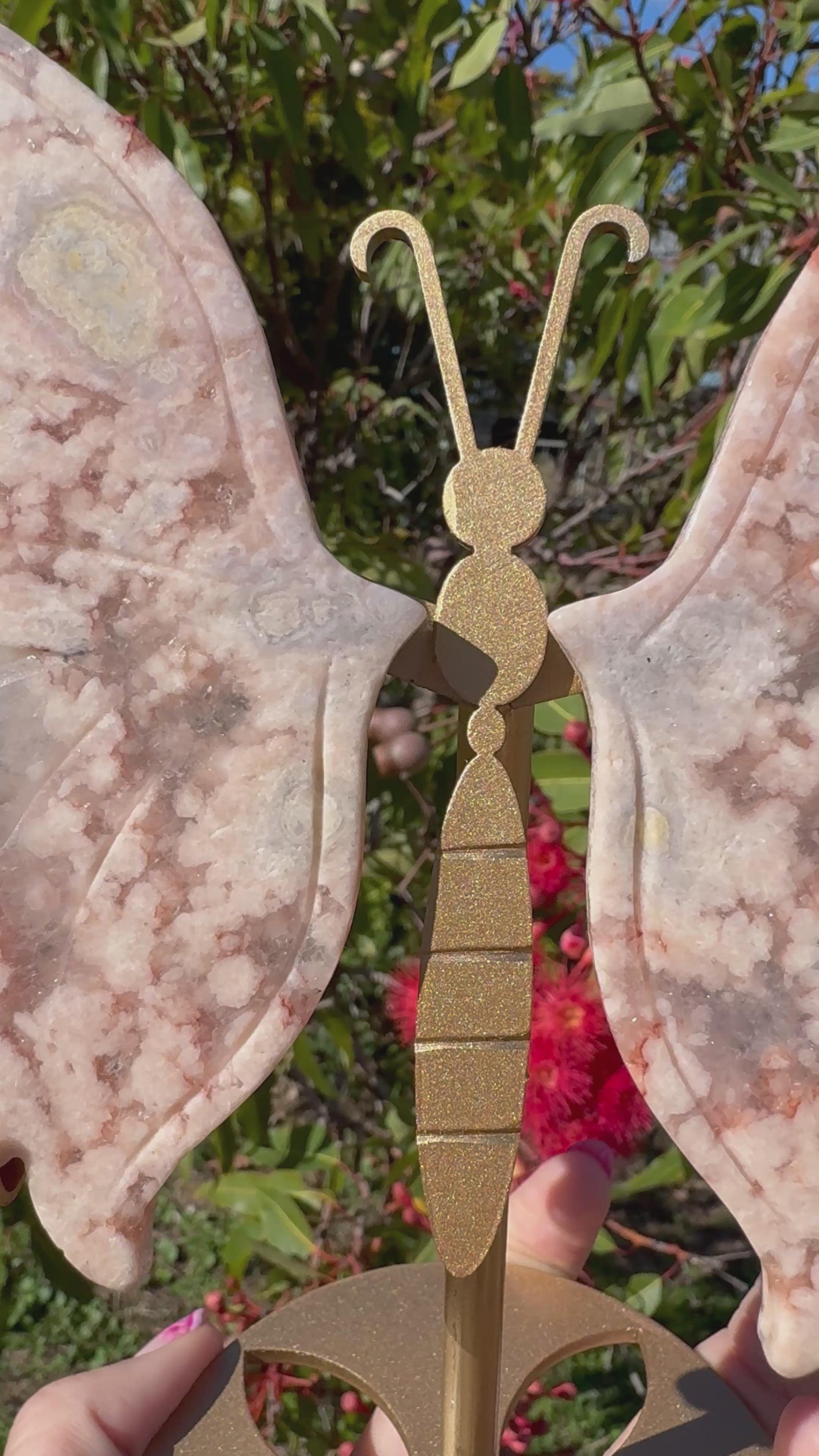 Premium Geode Druzy Pink Sakura Flower Agate Butterfly Wings With Display Stand