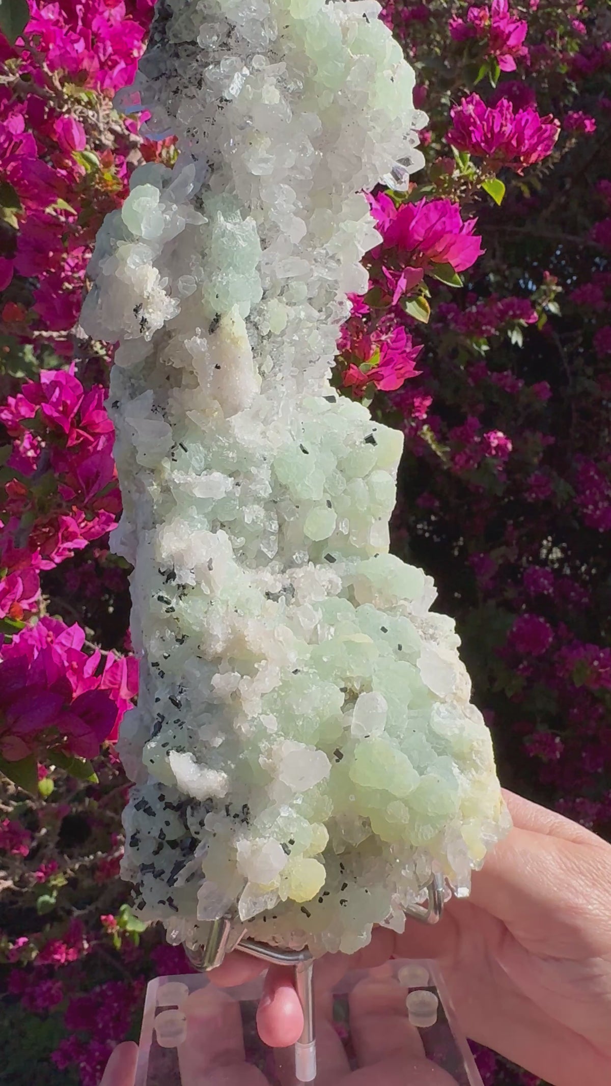 Préhnite botryoïdale avec quartz, épidote et tourmaline noire | Socle personnalisé